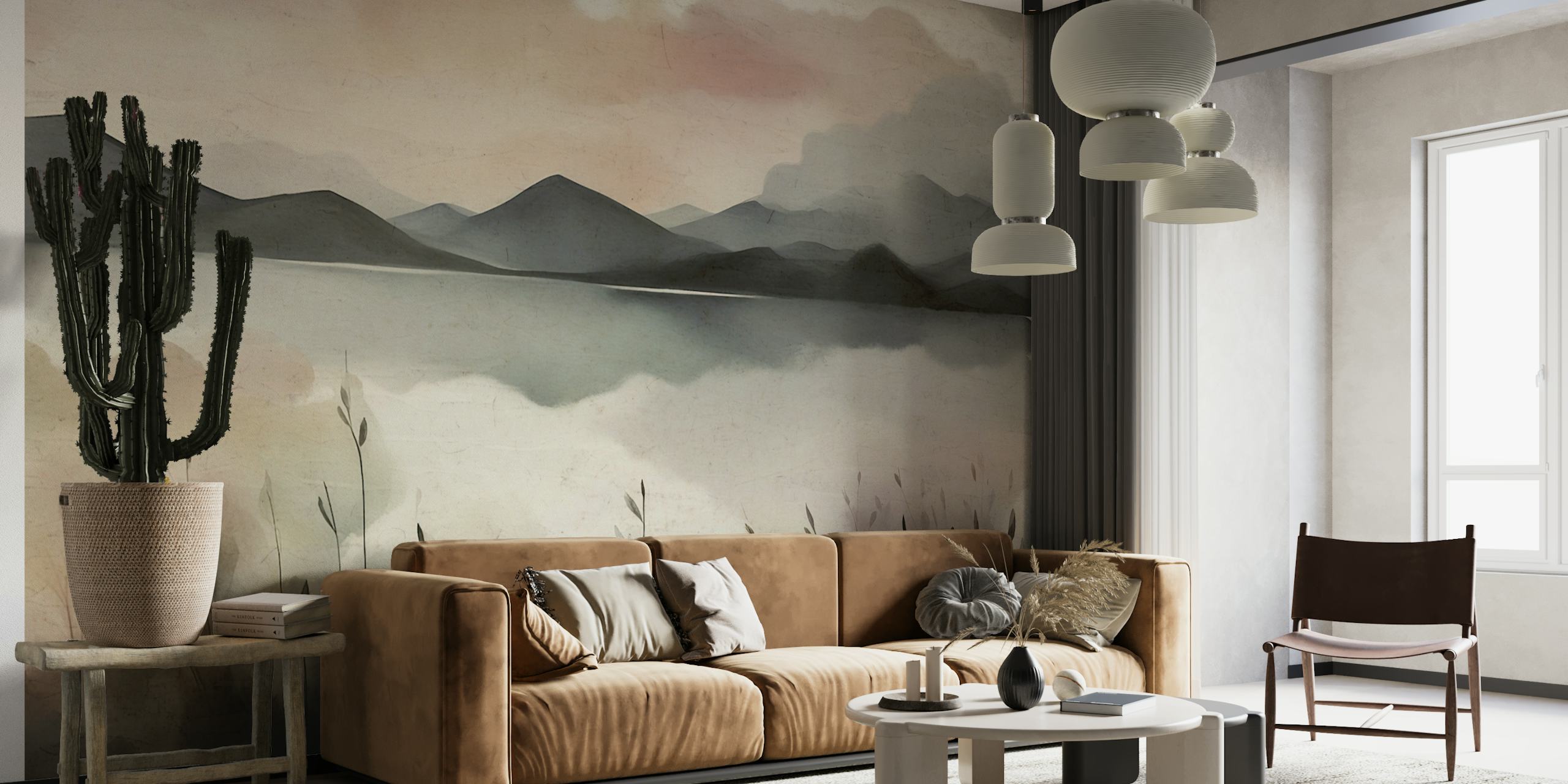 Ethereal cloudy landscape with mist-covered mountains and a serene lake wall mural
