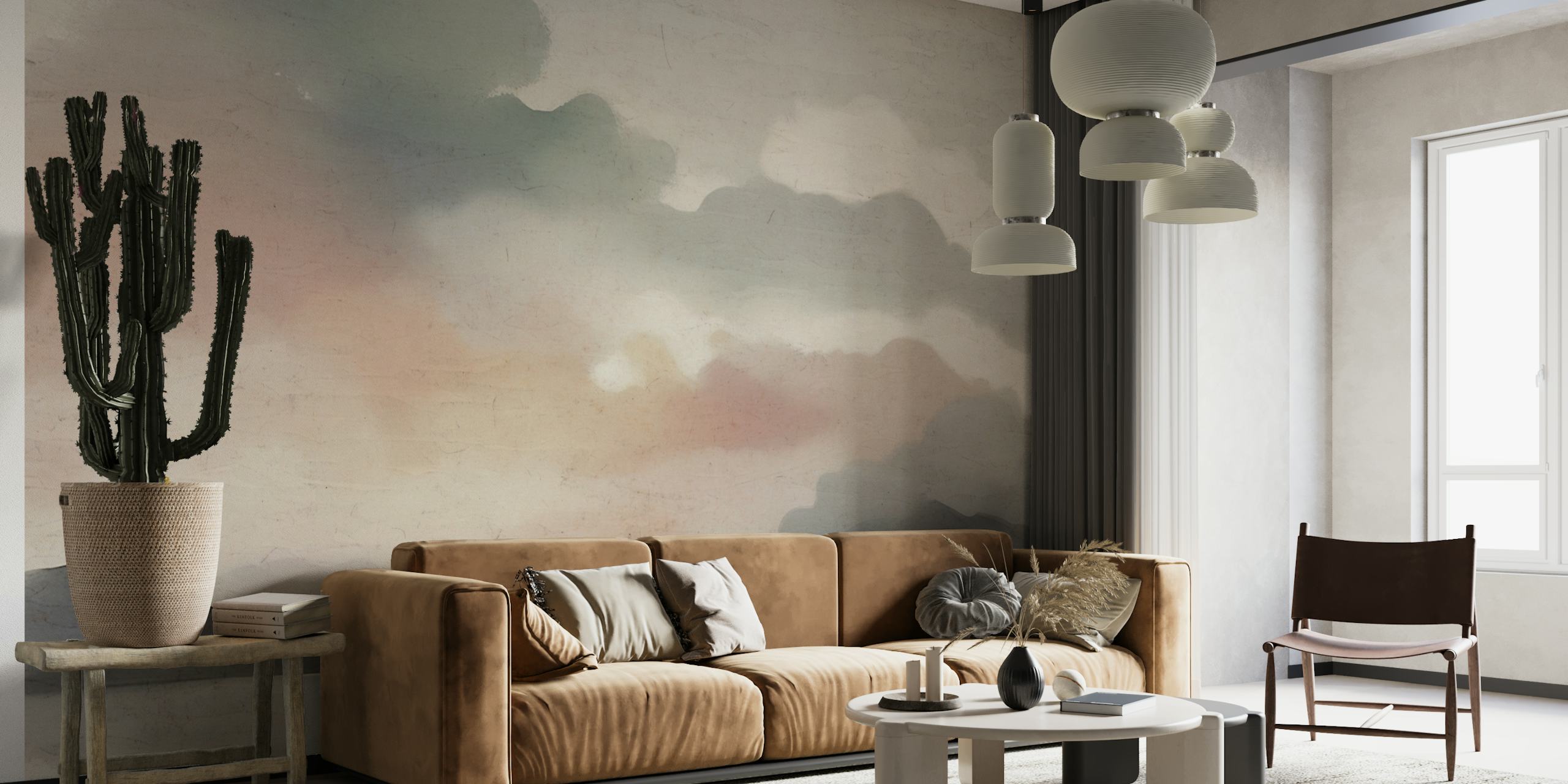 Watercolor Morning Clouds wall mural with soft grays, pinks, and oranges over rolling hills and calm waters.