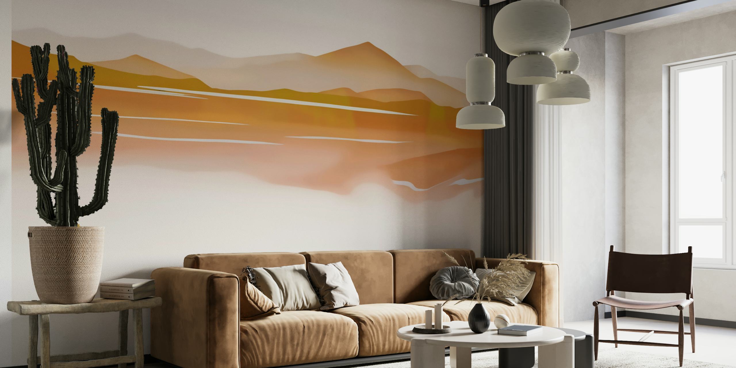 Mountain landscape in warm orange and beige tones wallpaper