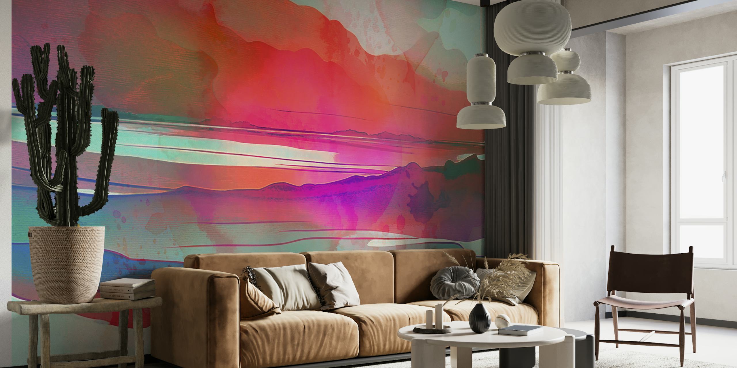 Colorful abstract watercolor mural featuring pink, teal, and orange hues
