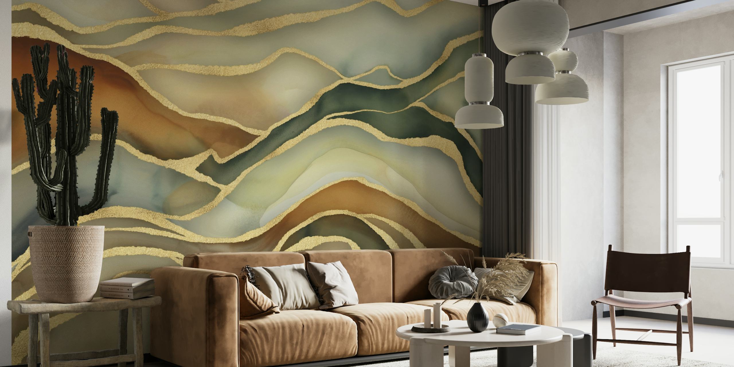Abstract marble landscape wall mural in brown, green, and gold hues