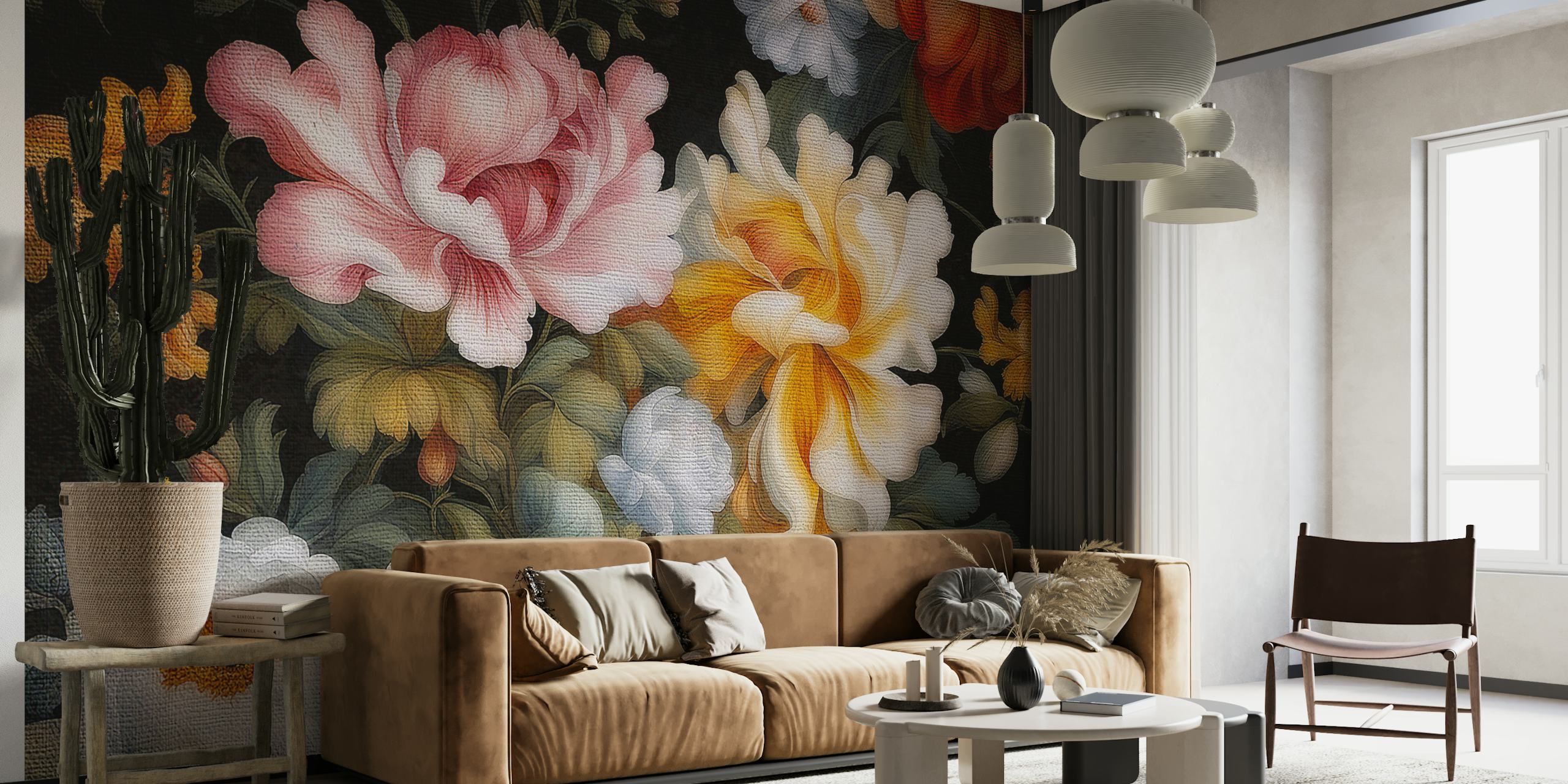 Classical antique flowers wall mural with blooming roses and peonies in rich colors