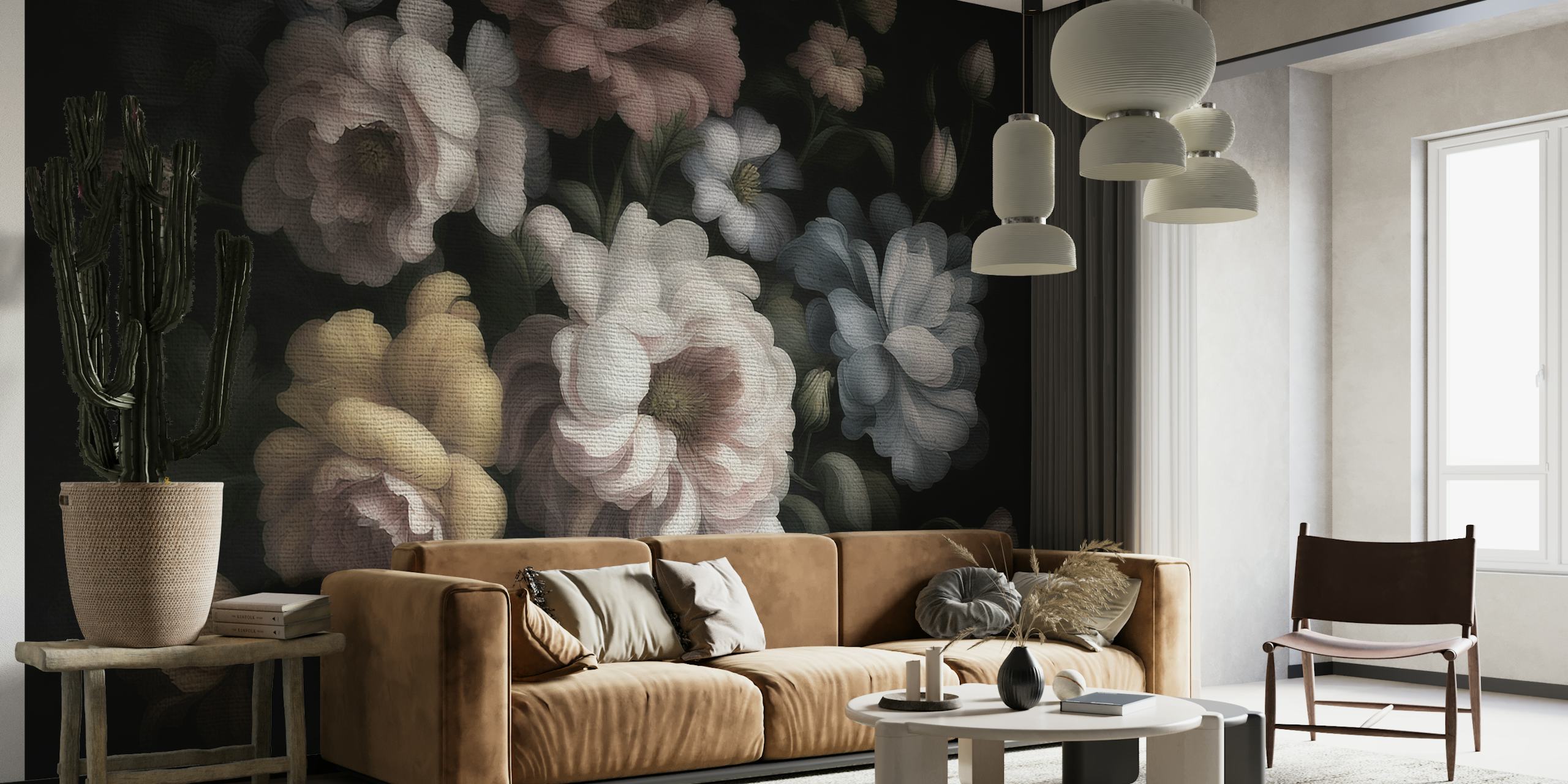 Antique-style moody floral wall mural with muted pink and blue flowers on a dark background