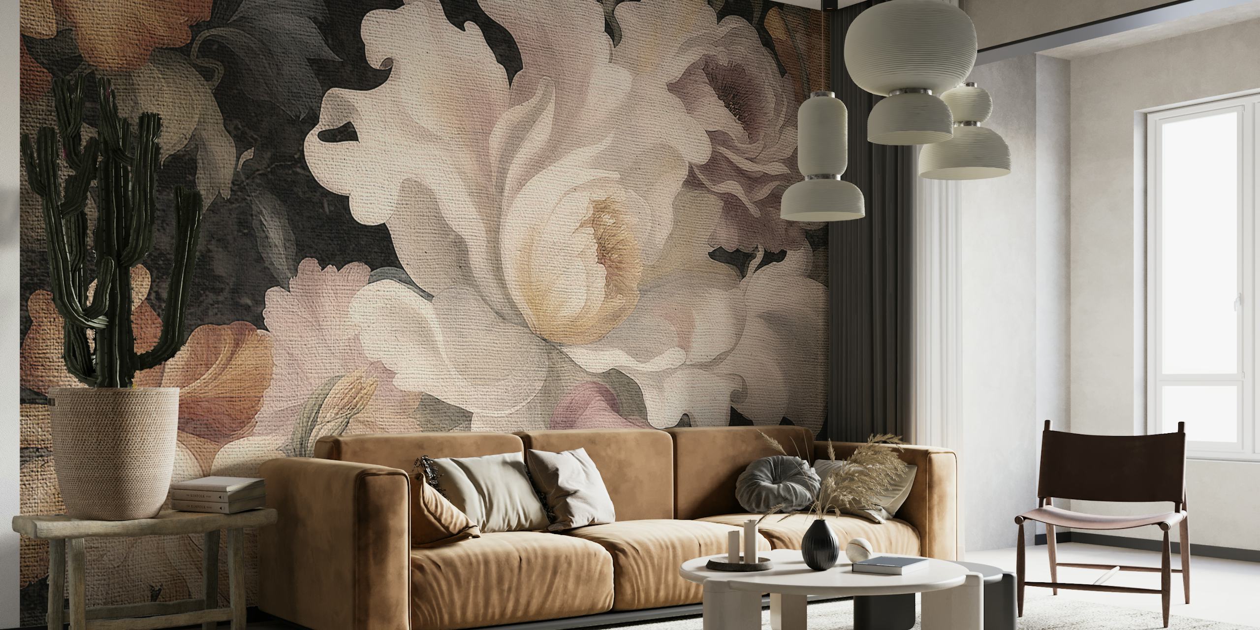 Enorme mural de pared Antique Moody Flowers con un diseño floral a gran escala sobre un fondo oscuro