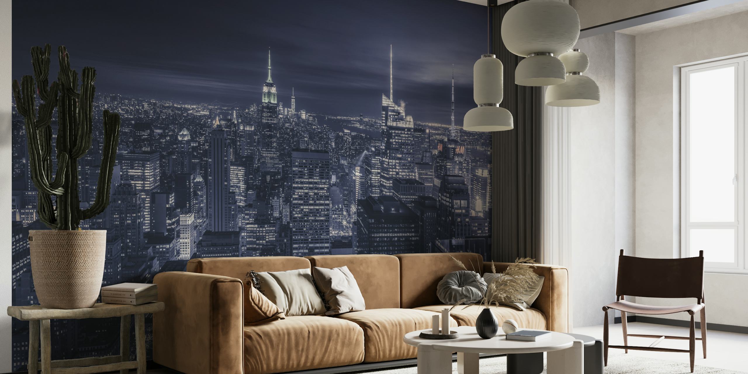 Monochromatic blue cityscape wall mural for interior decor