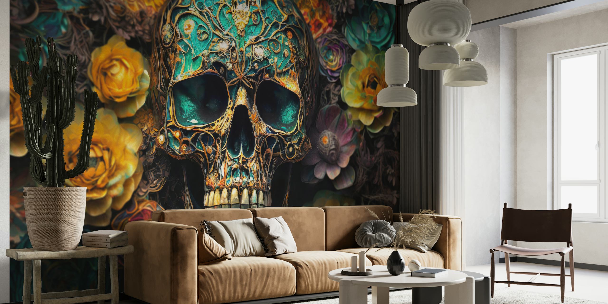 Decorative skull framed by colorful flowers in teal and yellow wallpaper