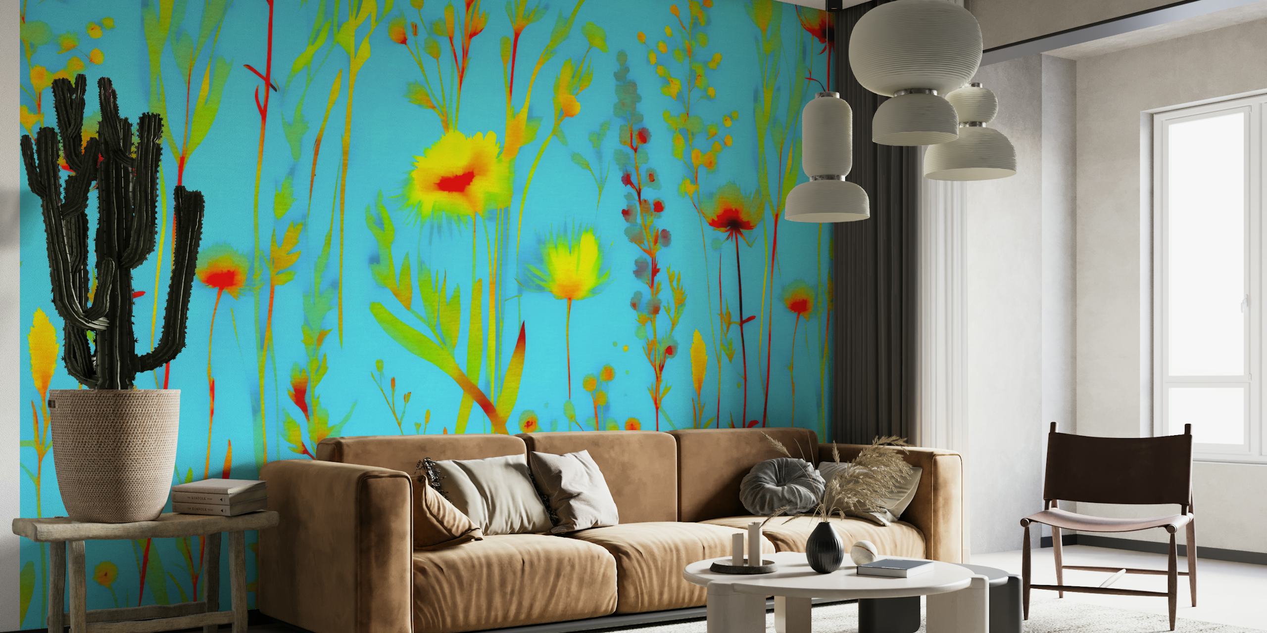 vibrant summer wildflowers wall mural with a neon blue background