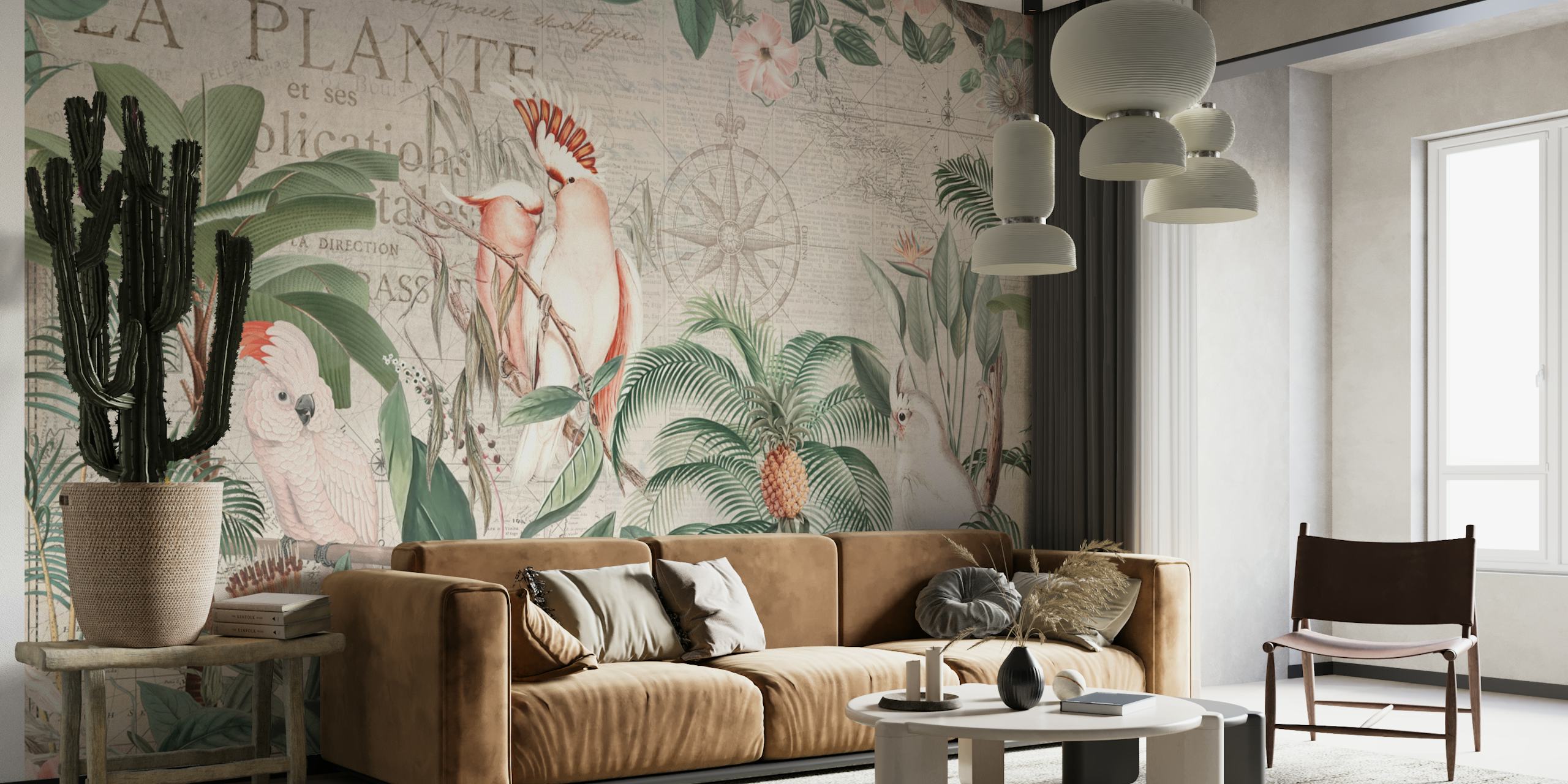 Tropical cockatoos and flowers in green foliage wallpaper