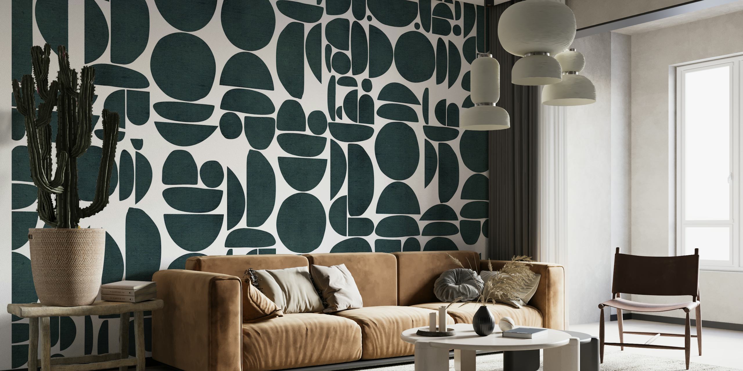 Bauhaus Teal Canvas Texture Cutout Geo wallpaper in a room