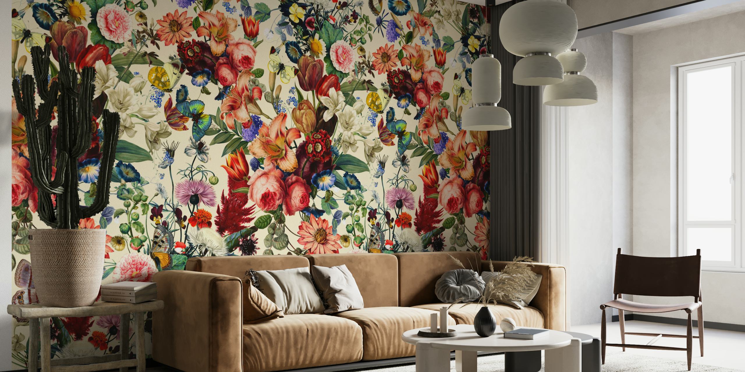Colorful floral pattern with various blooms and leaves wallpaper