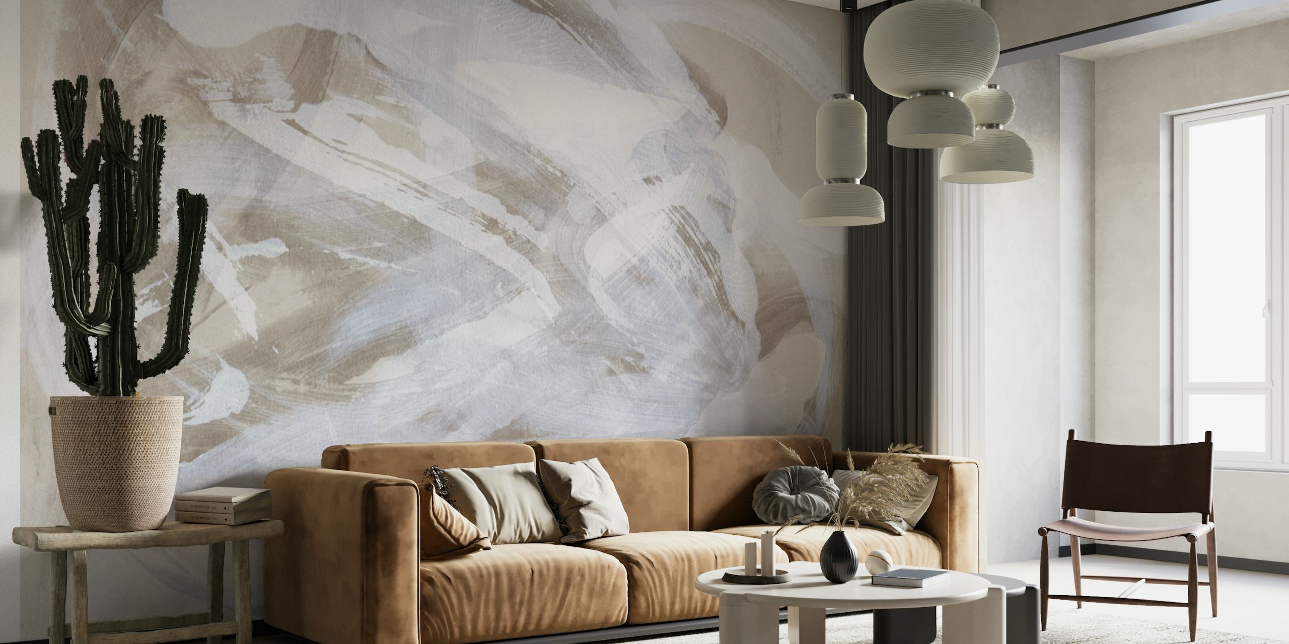 Minimalistic abstract brush strokes wall mural in shades of white and grey