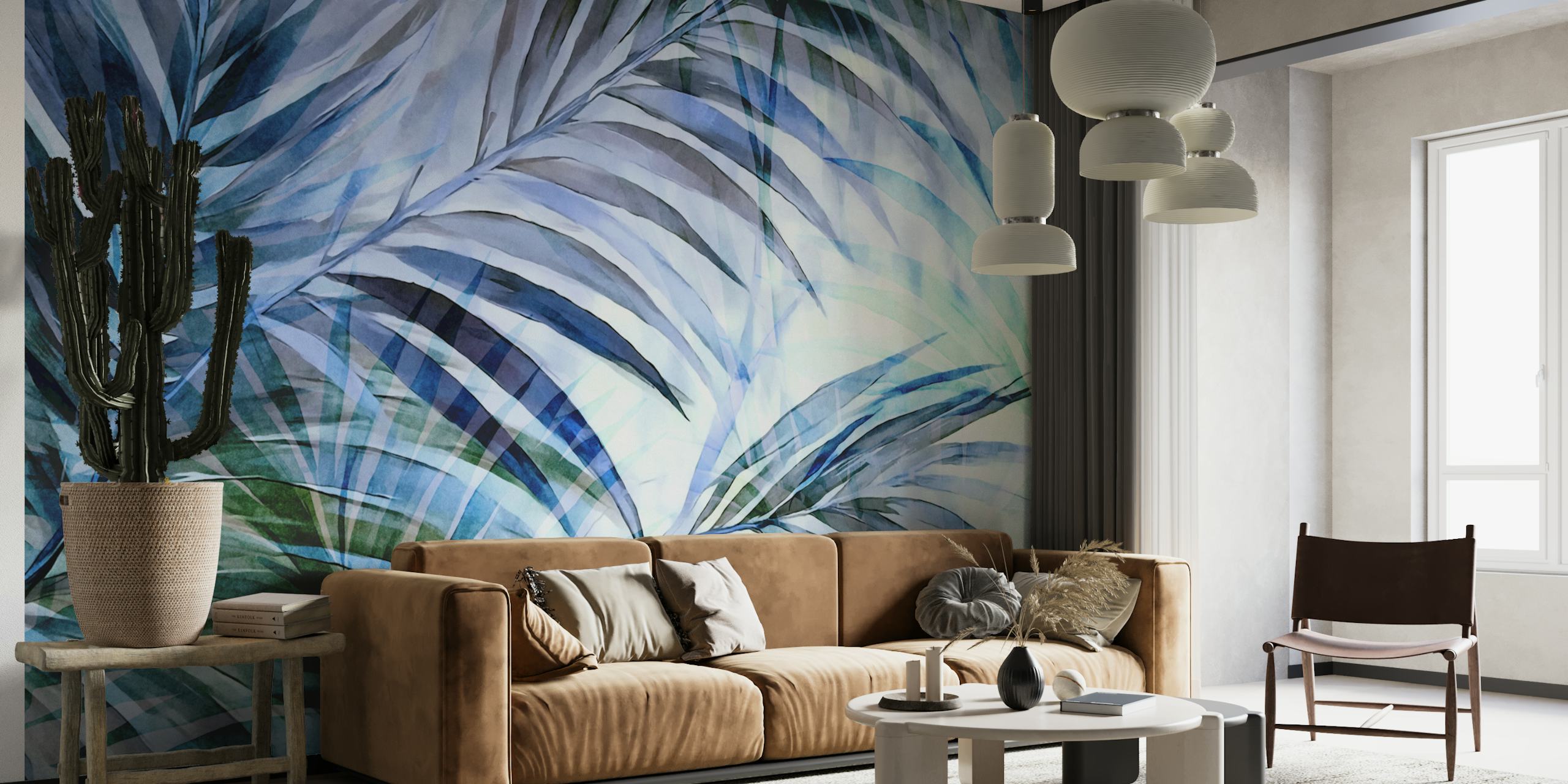 Tropical palm leaves in shades of blue and green wallpaper