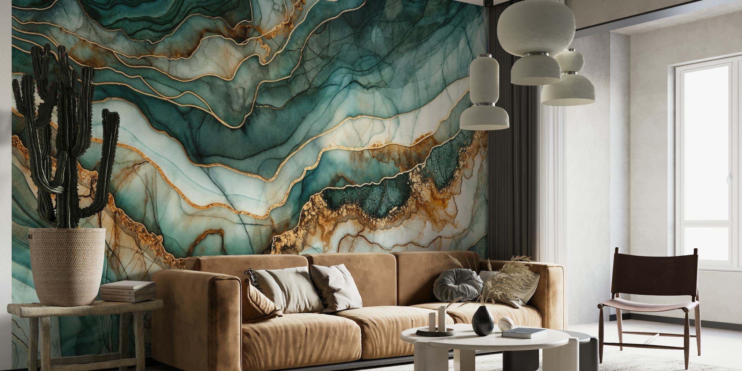 Teal and gold marble wallpaper design