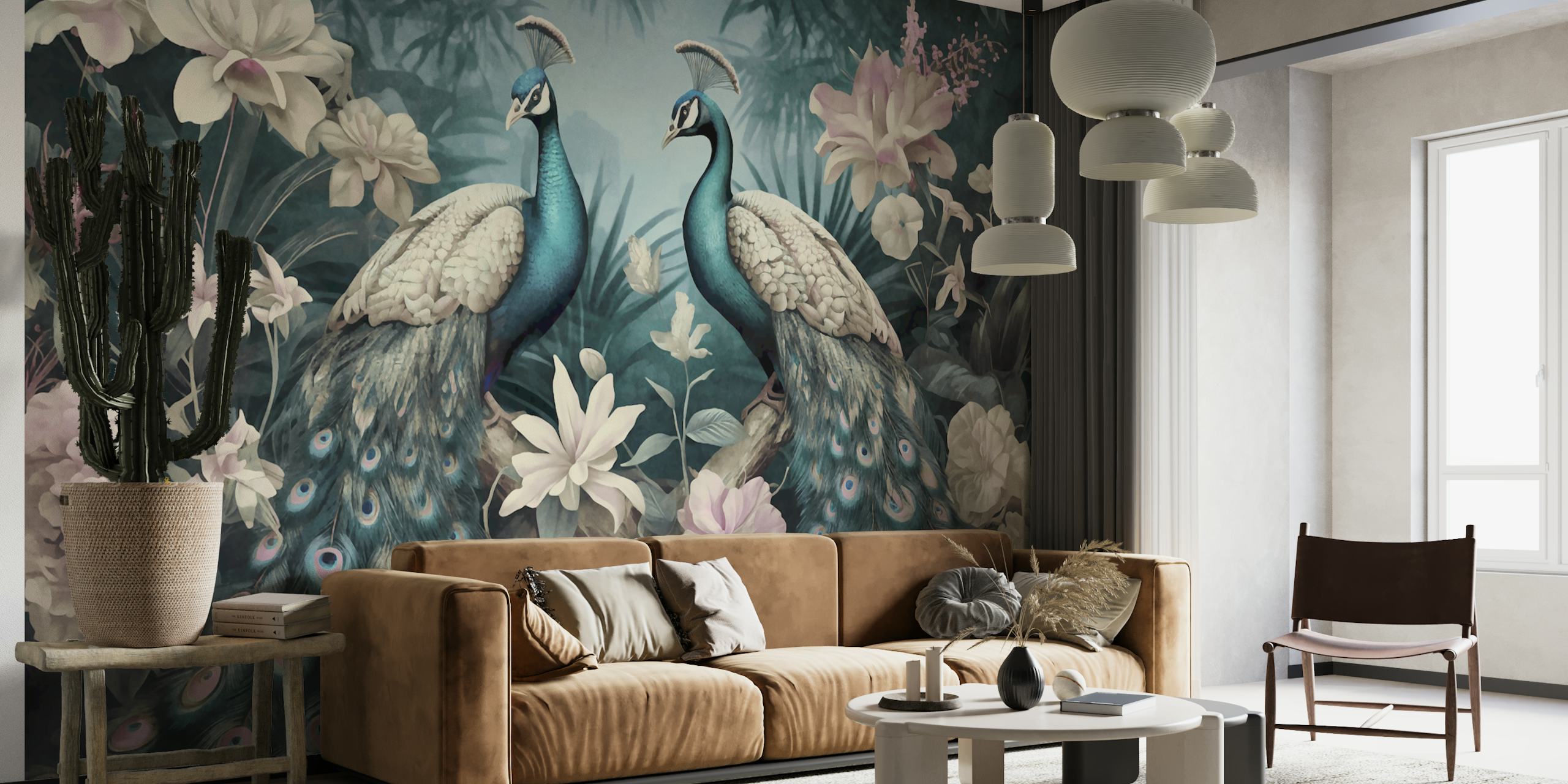 Peacocks among flowers in soft pastel colors wallpaper