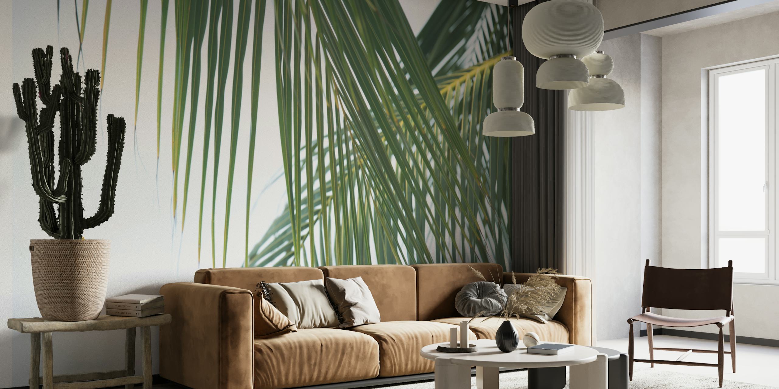 Lush green palm leaves on a light background wallpaper