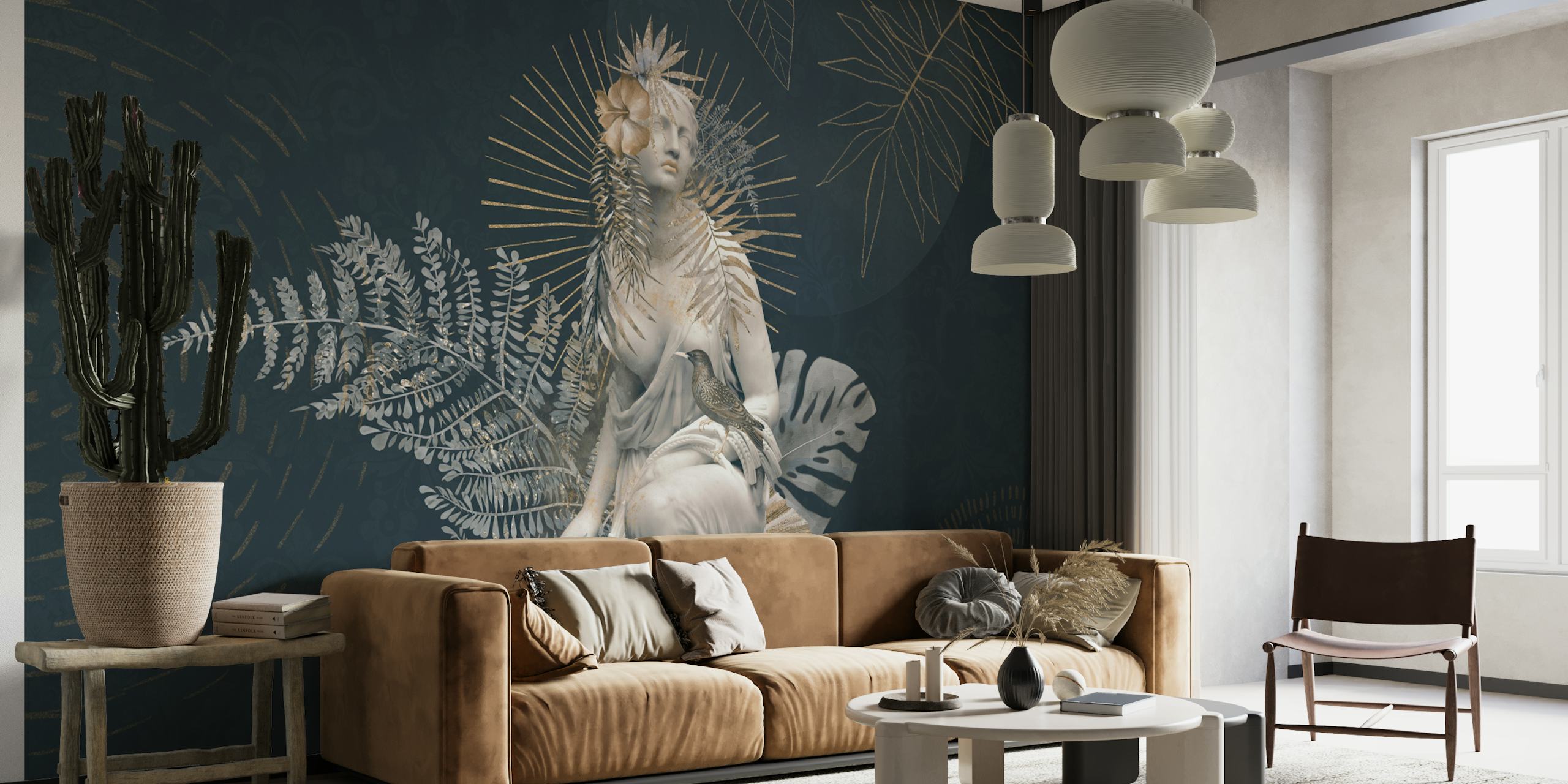 Classical statue surrounded by ferns and floral accents wallpaper