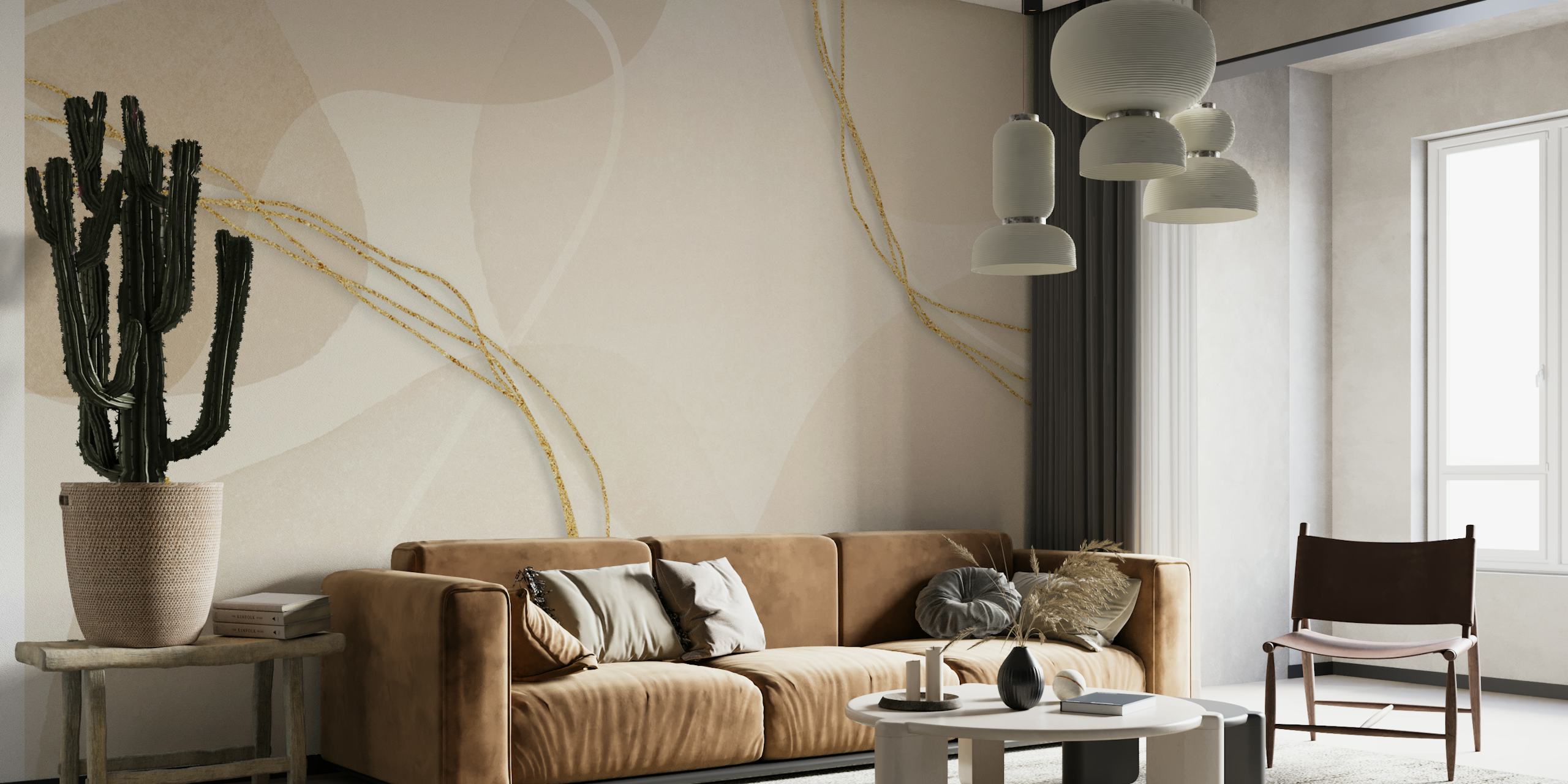 Contemporary Flow Peach Beige Tapete in einem Raum