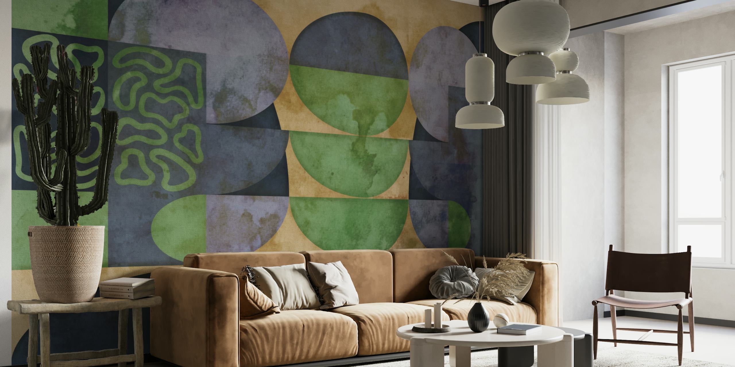 Seventies MidMod Grunge muurschildering met aardse groentinten en abstracte vormen met een vintage overlay