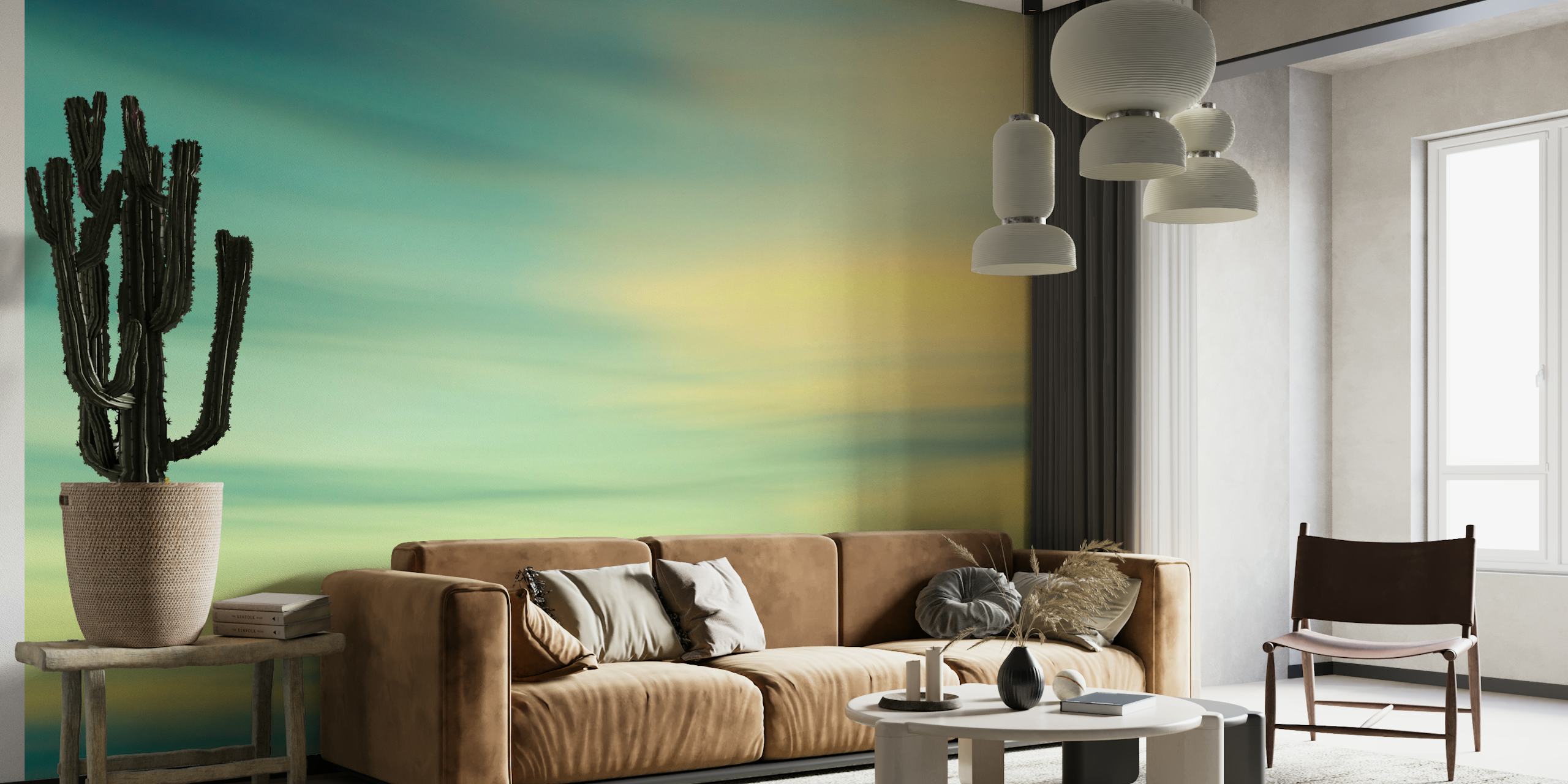 Blurred abstract design with turquoise and yellow hues wallpaper