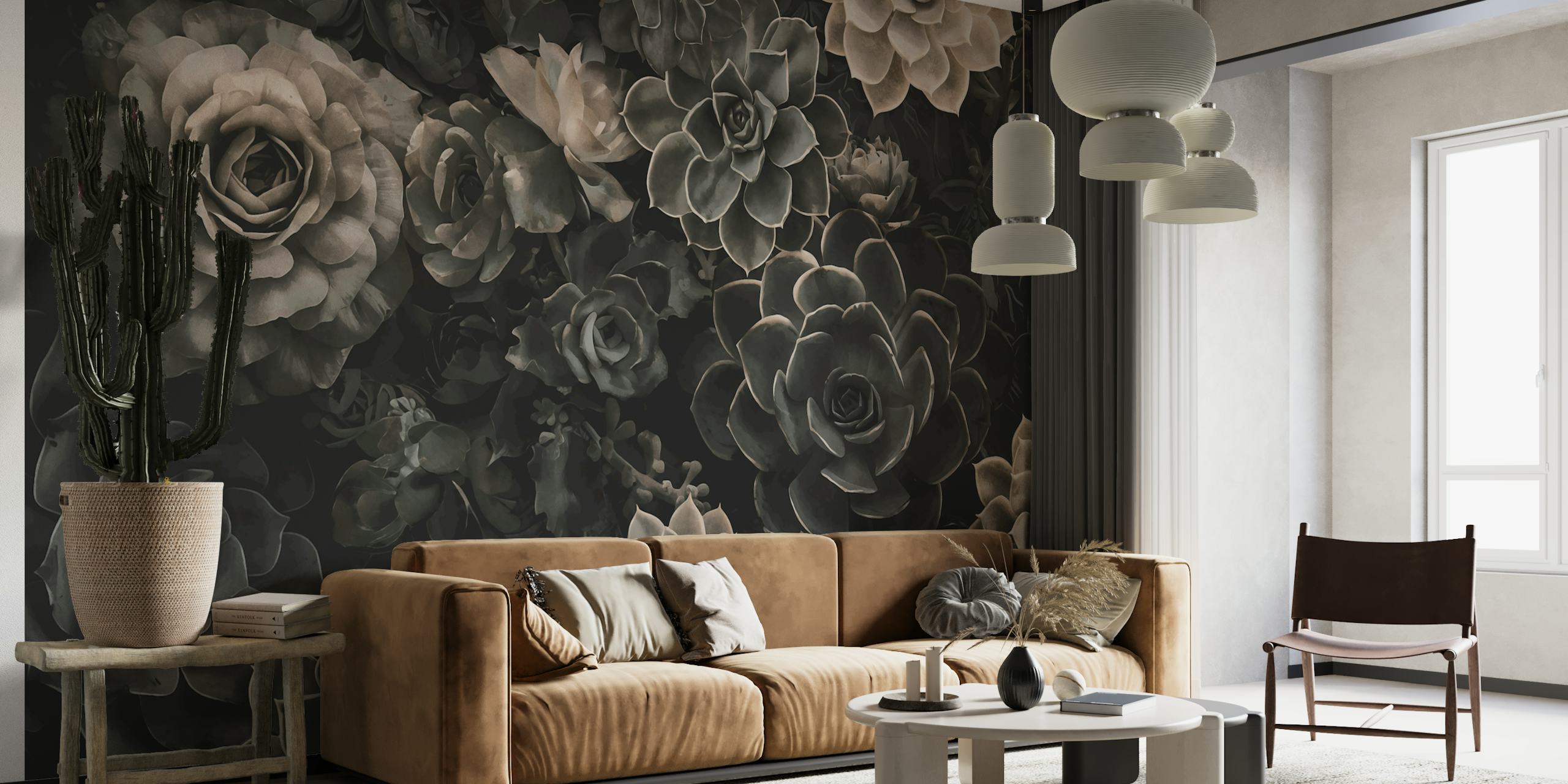 Moody floral and succulent wall mural in grey tones