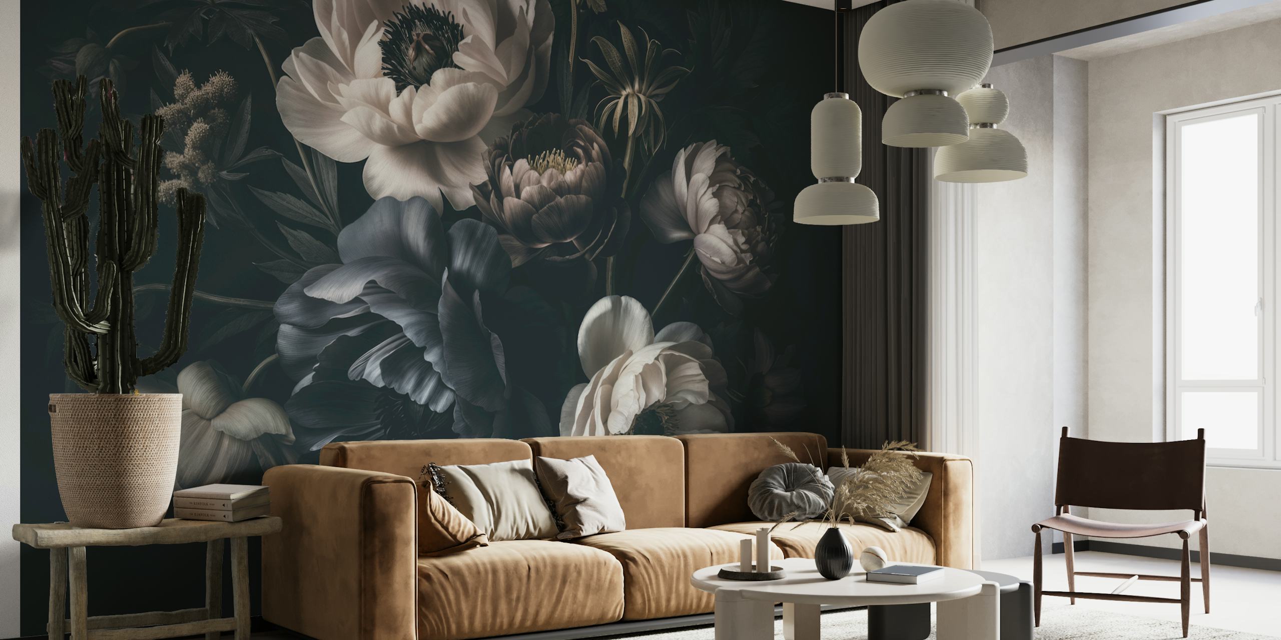 Floral arrangement in ivory and blue colors on dark background wallpaper