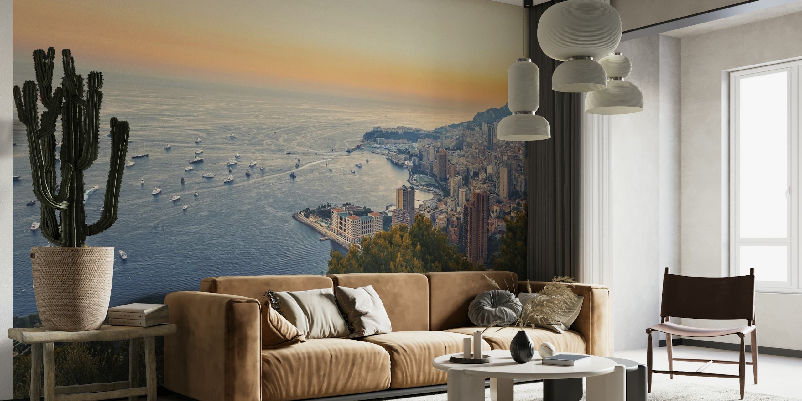 Coastal landscape wallpaper with boats and cliffs in soft blue and orange hues.