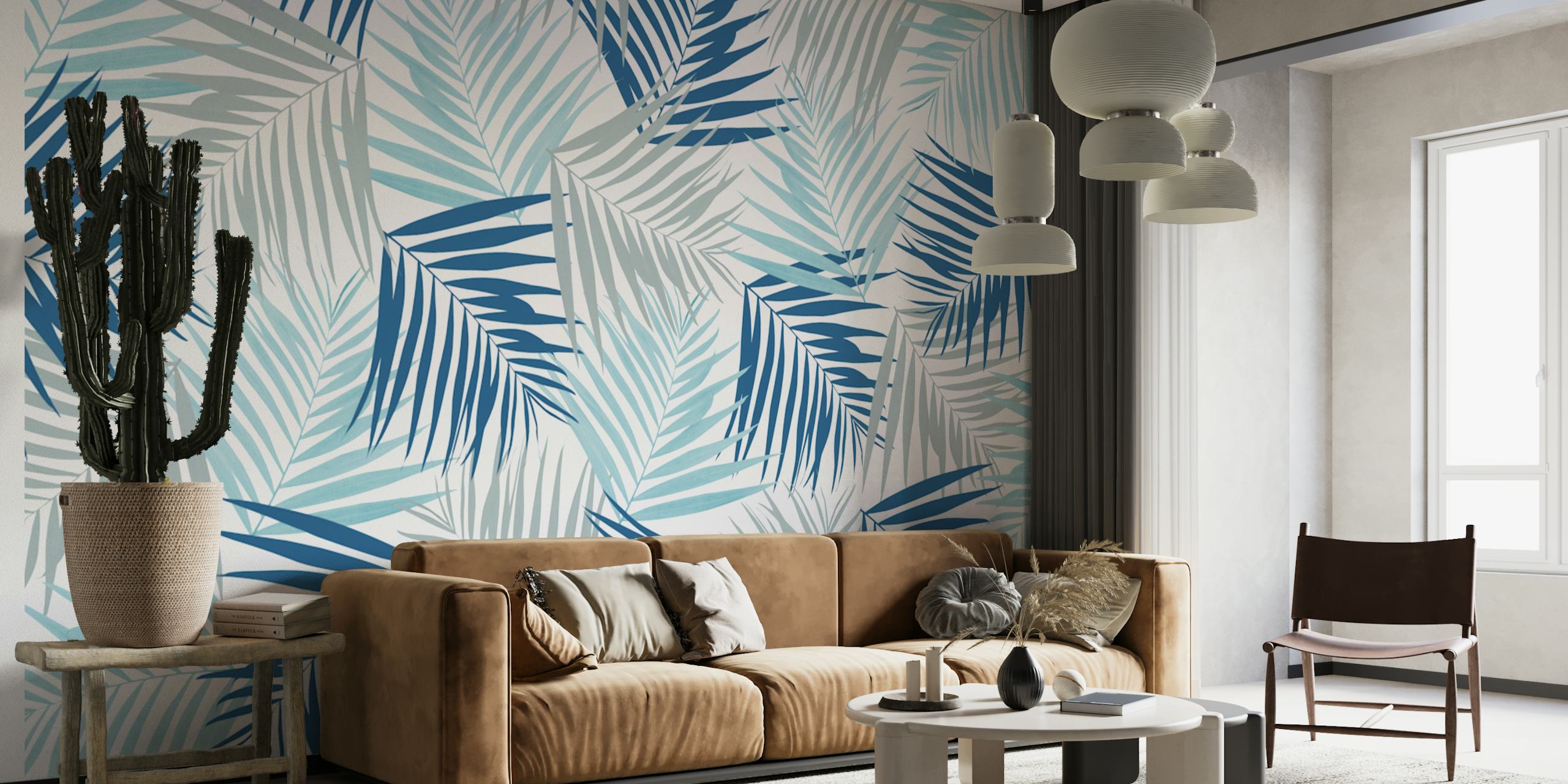 Motivi di foglie tropicali nei toni del blu su un murale chiamato Tropical Retro 4 (Coastal Vibes)