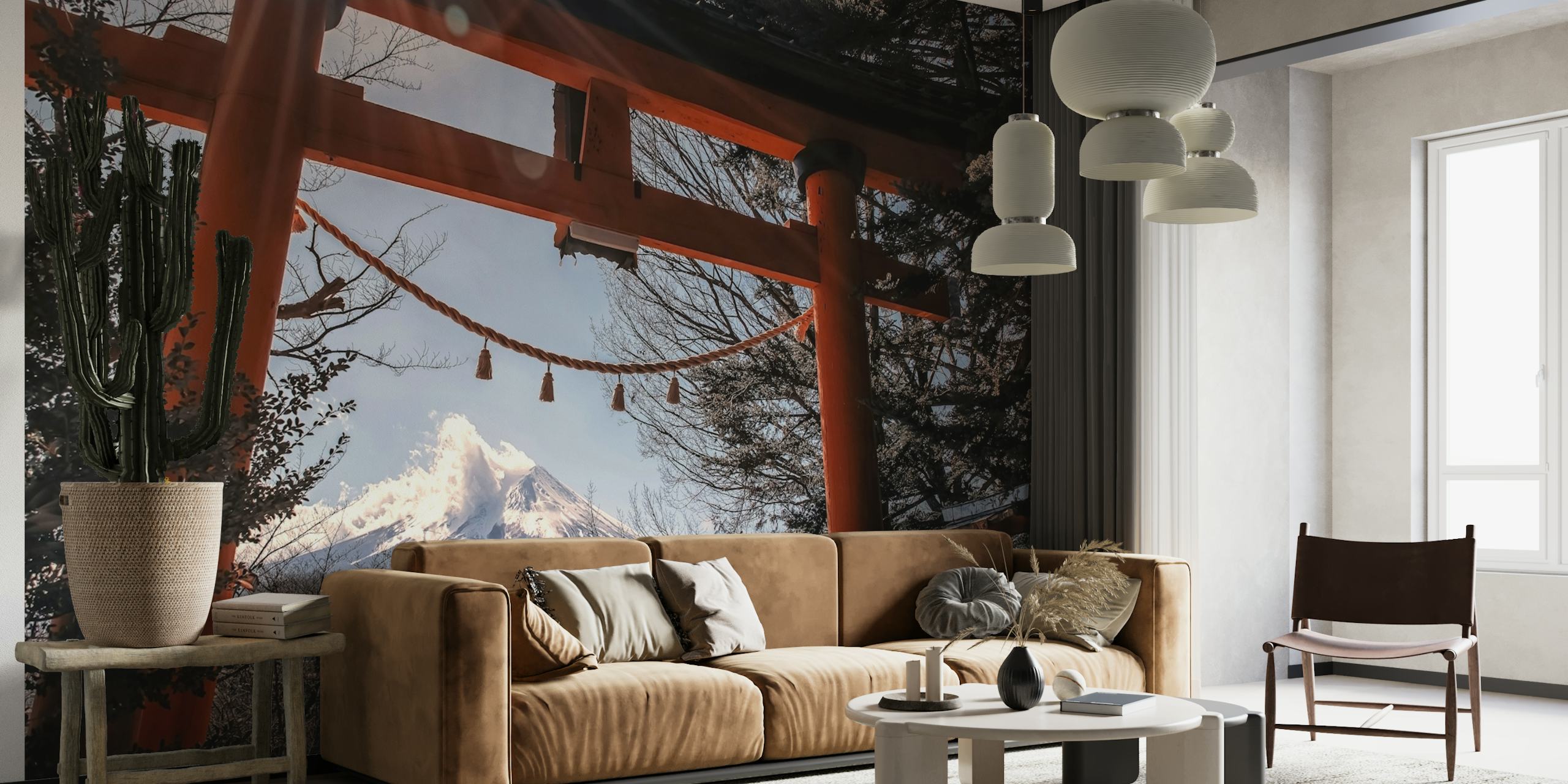 Mural de parede Chureito Pagoda com o Monte Fuji ao fundo emoldurado por um portão torii e árvores nevadas