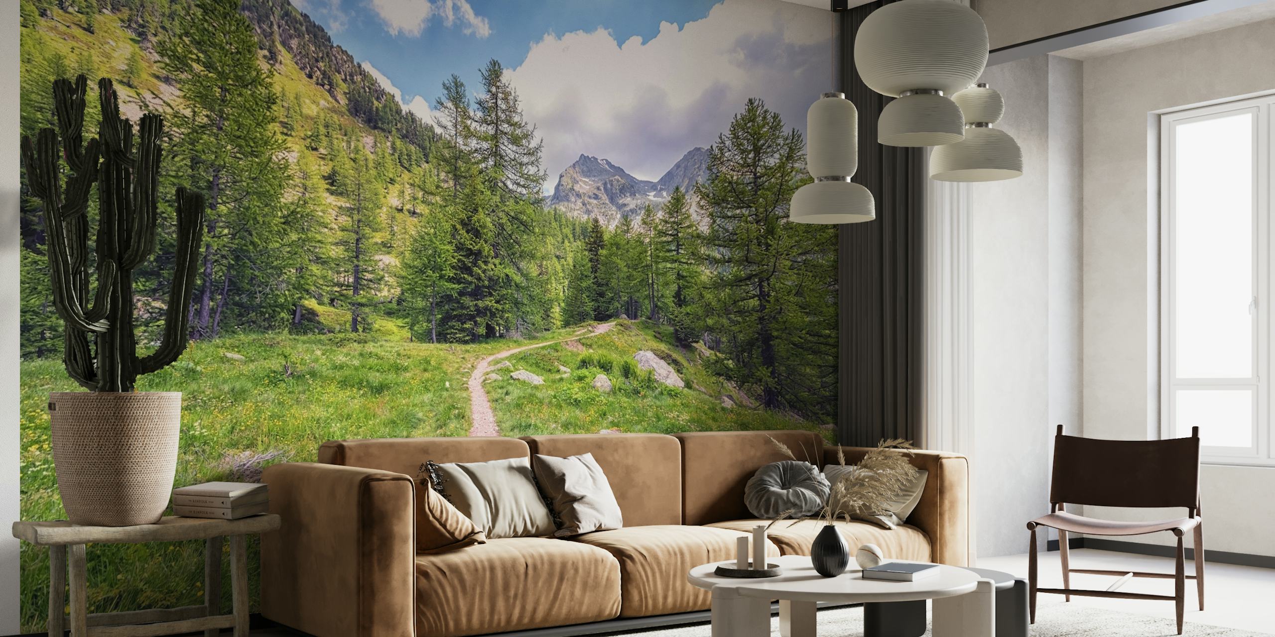 Mountain landscape with green trees and blue sky wallpaper