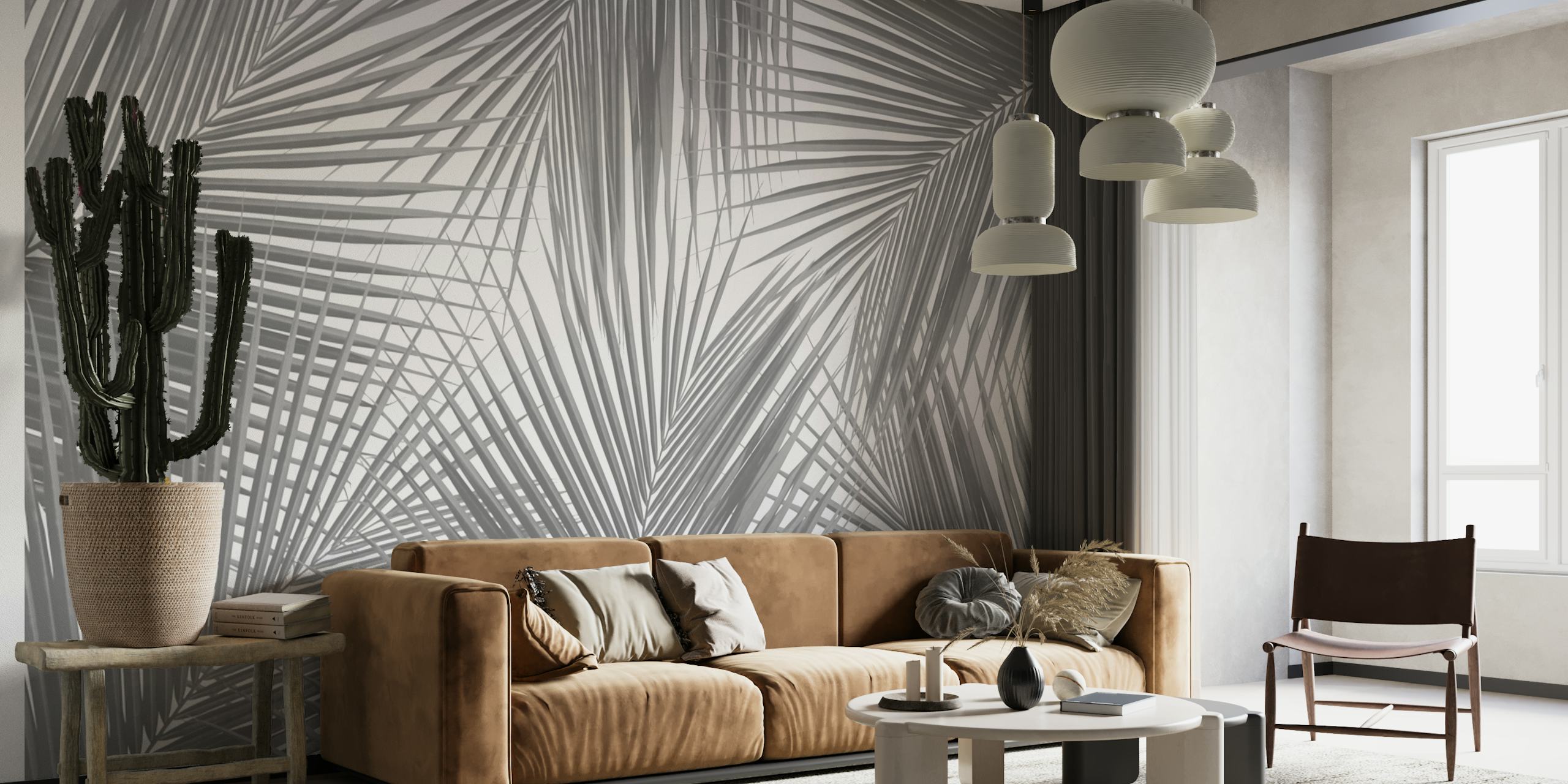 Gray palm leaves wallpaper in a styled room