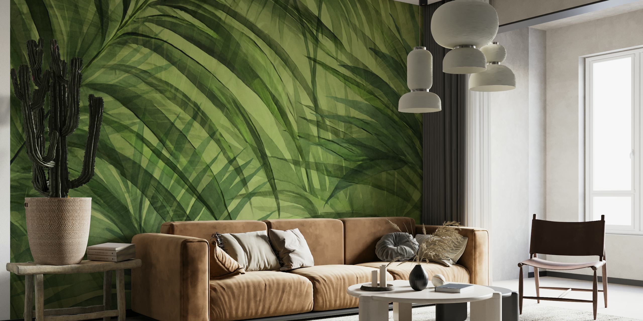 Lush green tropical palm leaf wallpaper design