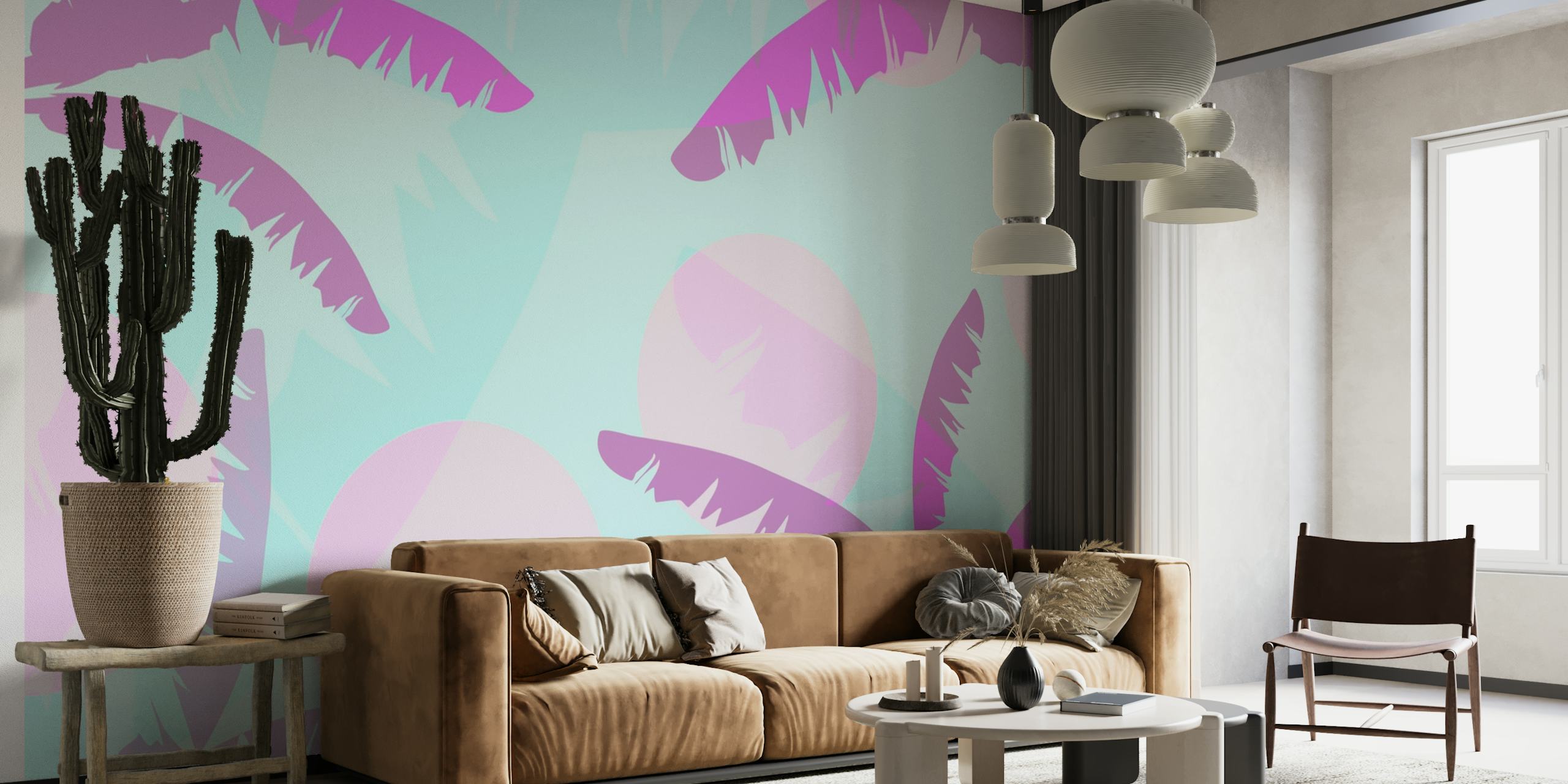 Tyylitelty vaaleanpunainen banaaninlehtikuvioinen seinämaalaus
