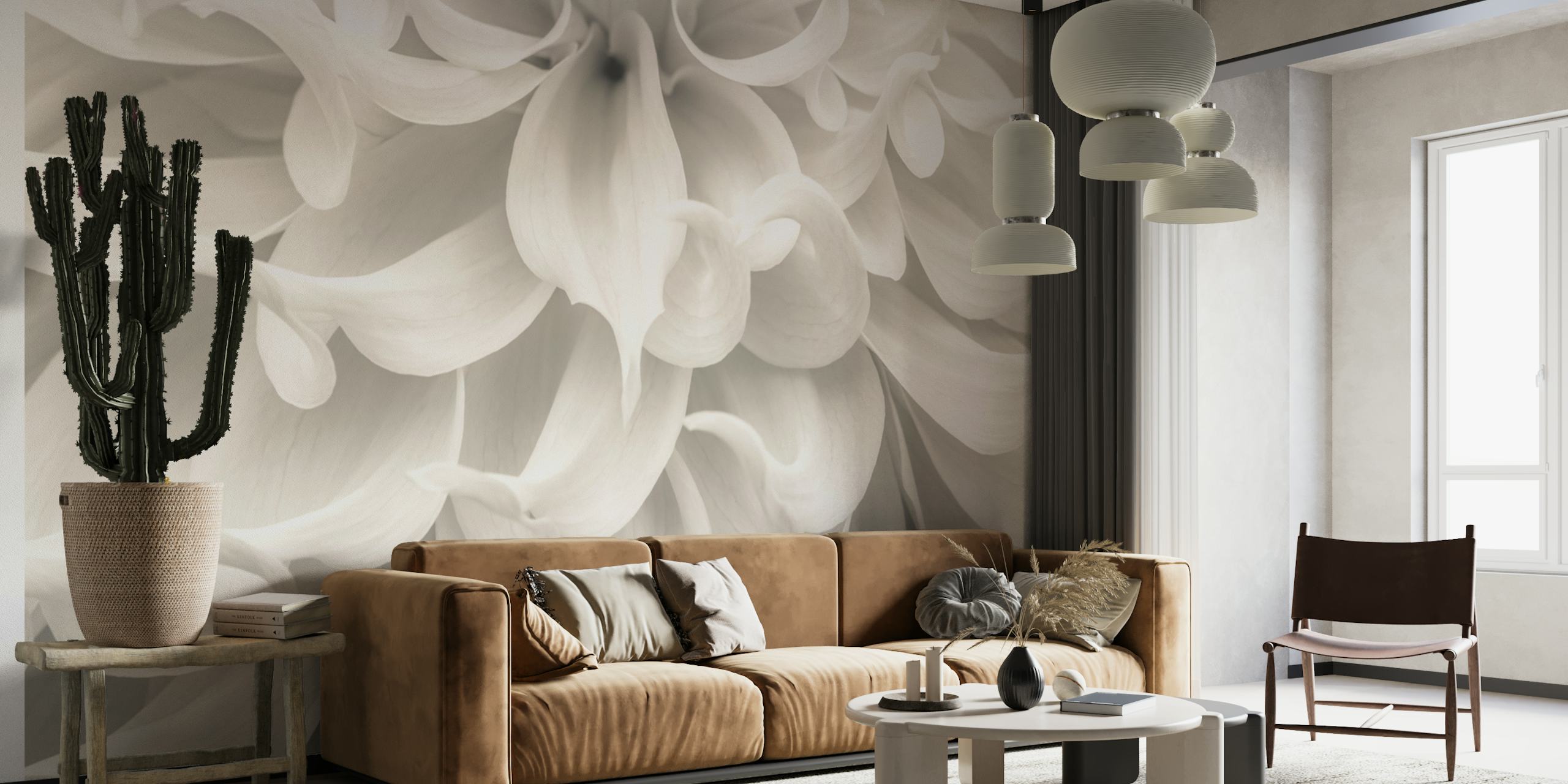 White dahlia petals floral wallpaper, soft curves, elegant style