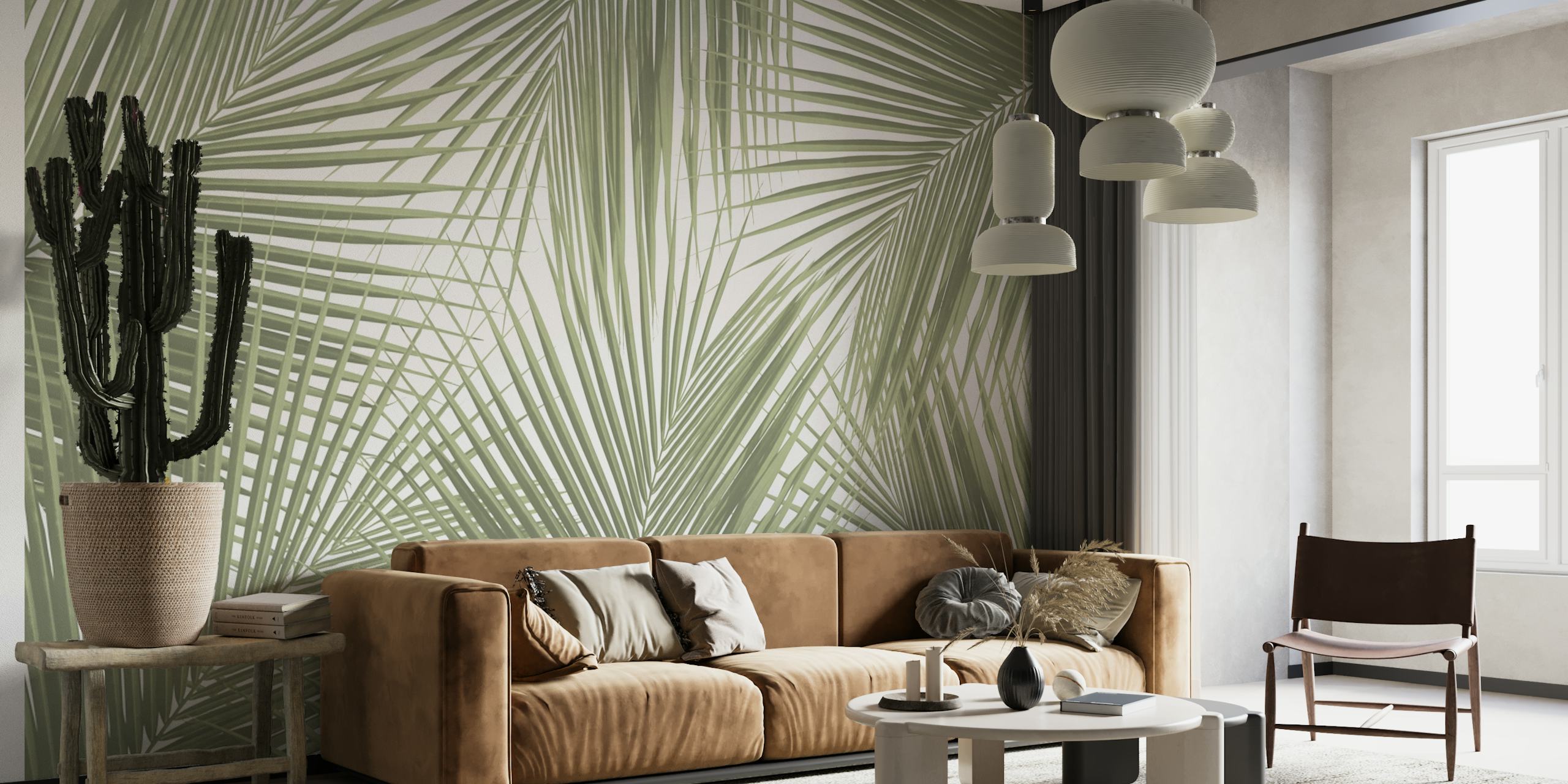 Green palm leaves pattern wallpaper in natural tones