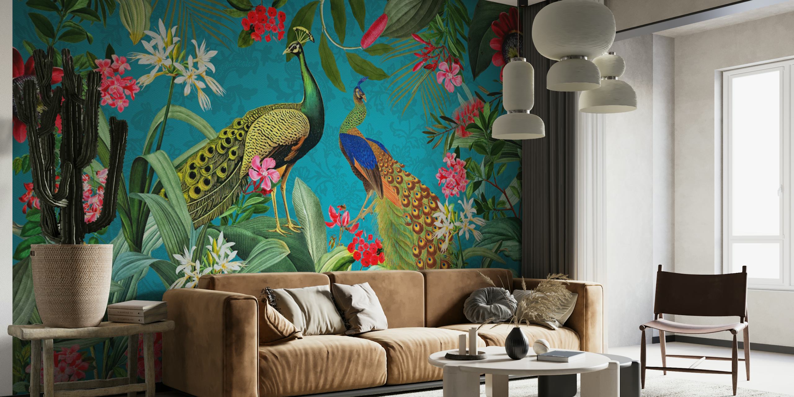 Peacock birds among tropical flowers and leaves in blue wallpaper