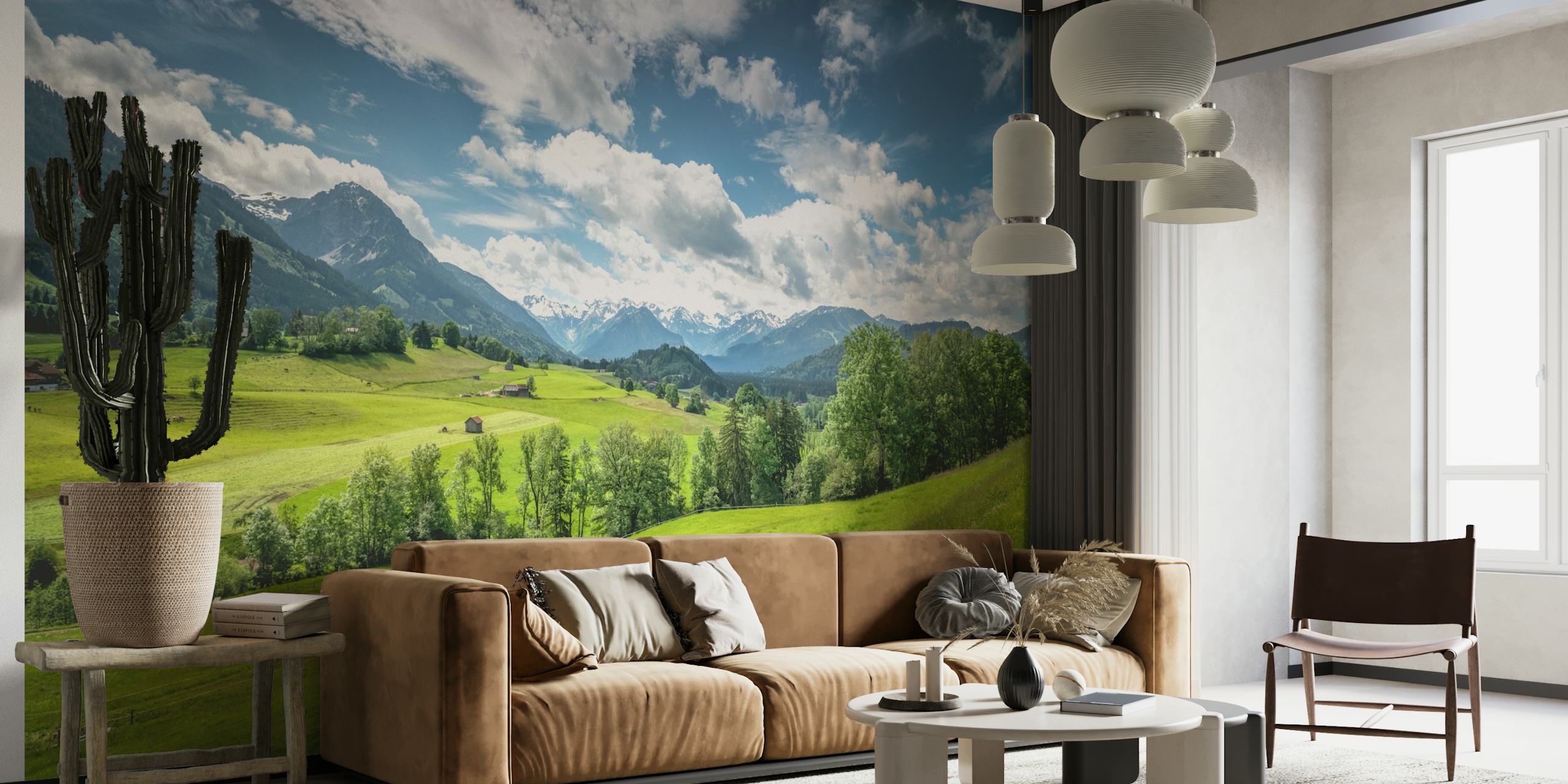 Scenic mountain landscape wallpaper with green fields and blue sky