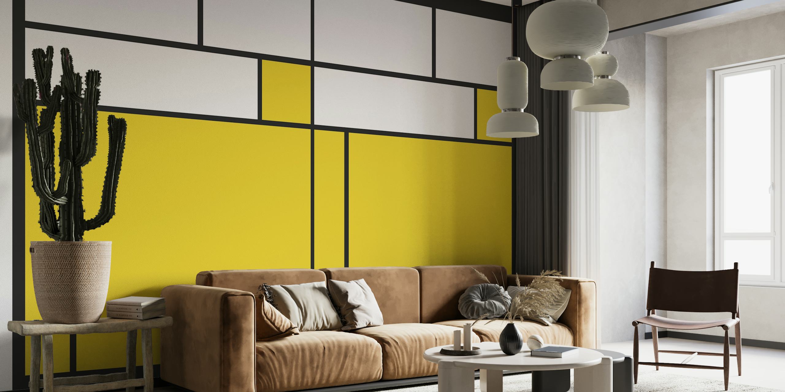 Geometric pattern wallpaper in yellow, white, and black Bauhaus style