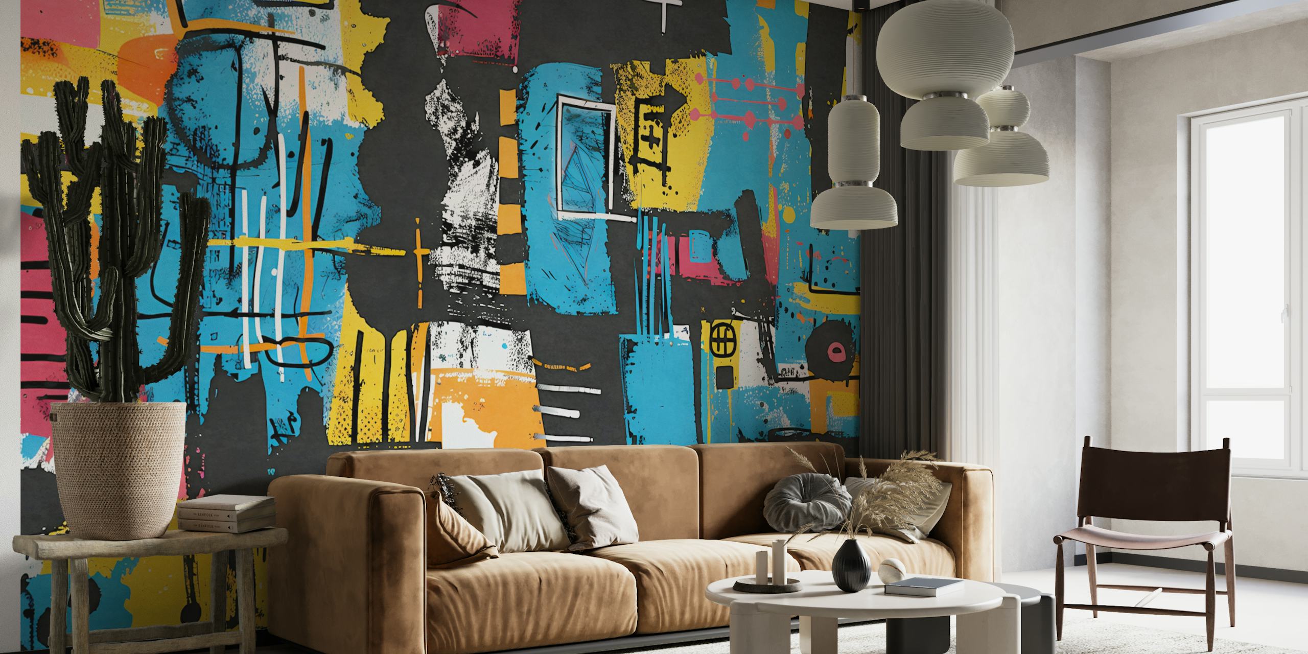 Colorful street art wallpaper in a room