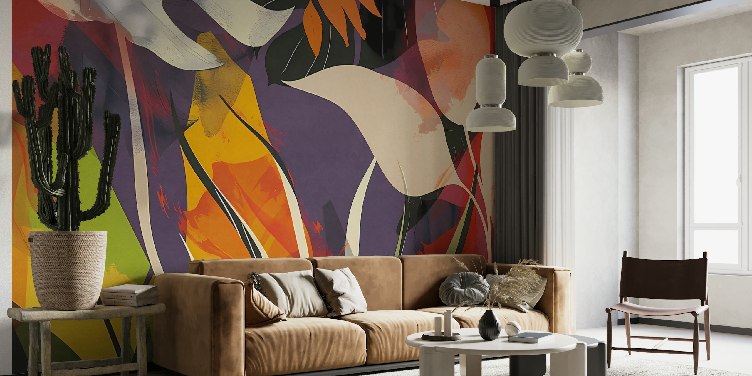 Abstract tropical foliage wall mural in rich purples, oranges, and greens