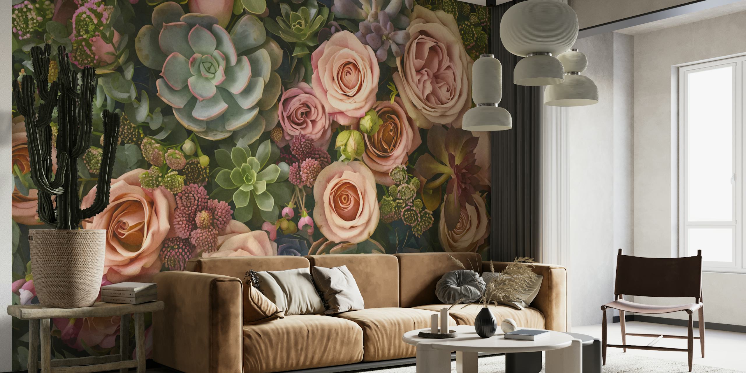 Decorazione murale da giardino succulenta color pesca e verde acqua con rose del deserto e varie piante grasse