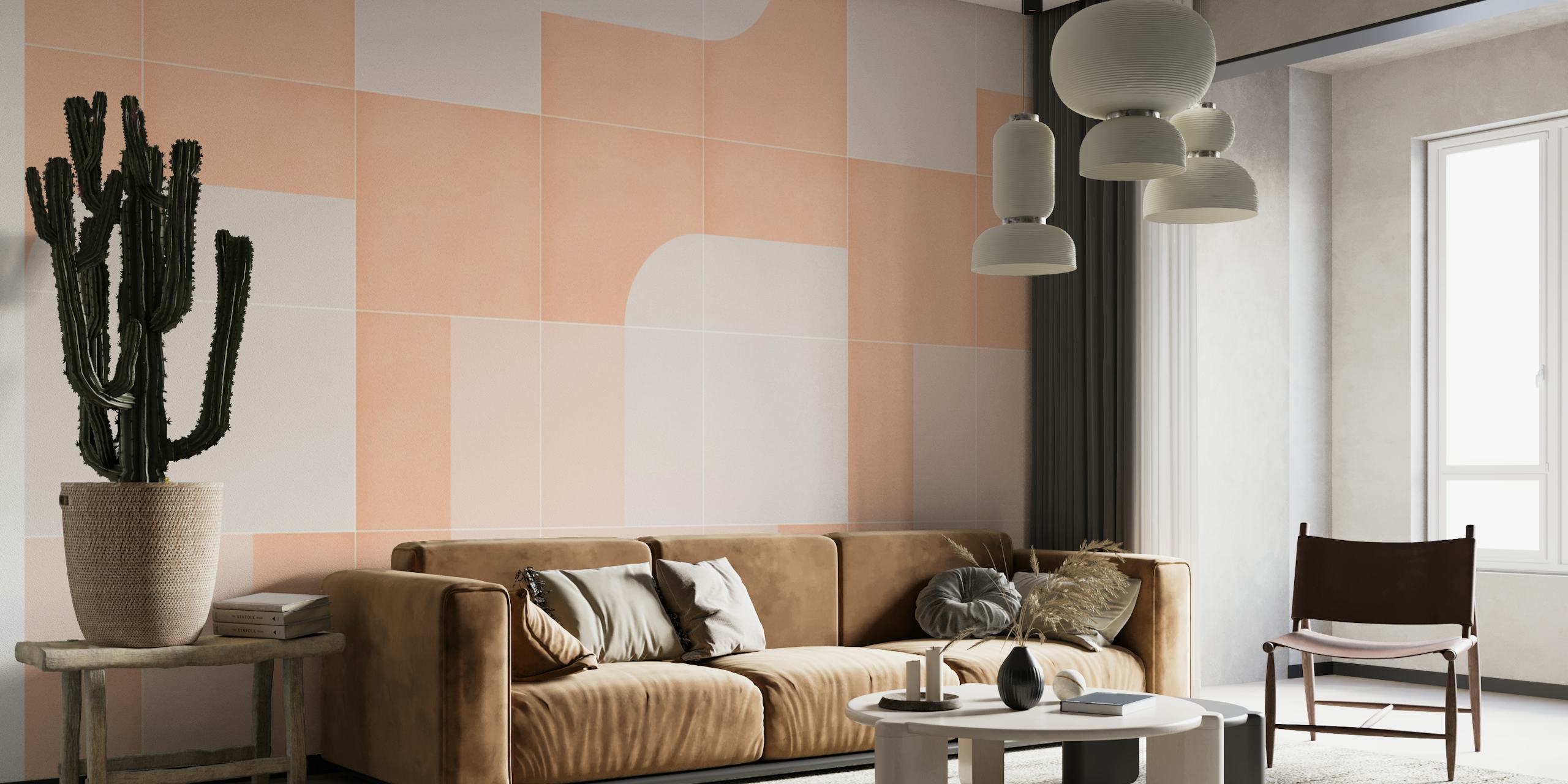 Retro geometric pink and white wallpaper with curved patterns