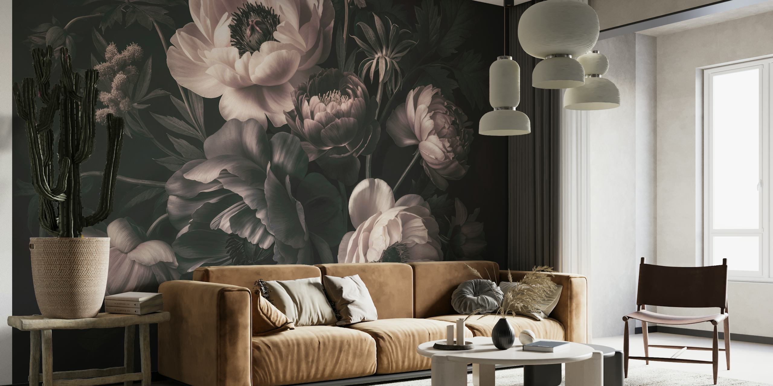 Papier peint mural élégant de fleurs de style baroque rose poussiéreux au charme vintage
