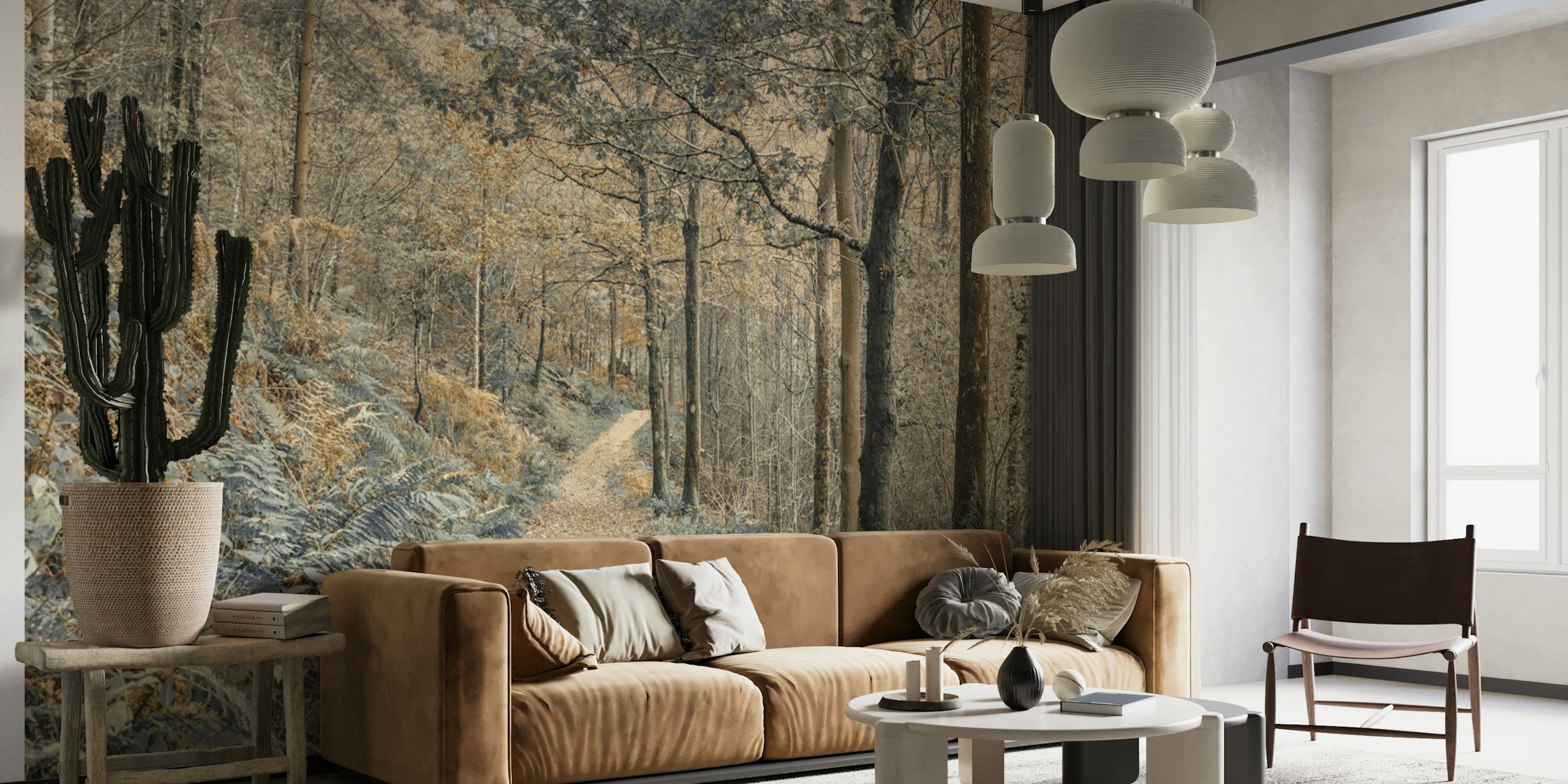 Forest trail featuring trees and foliage in soft earthy tones wallpaper