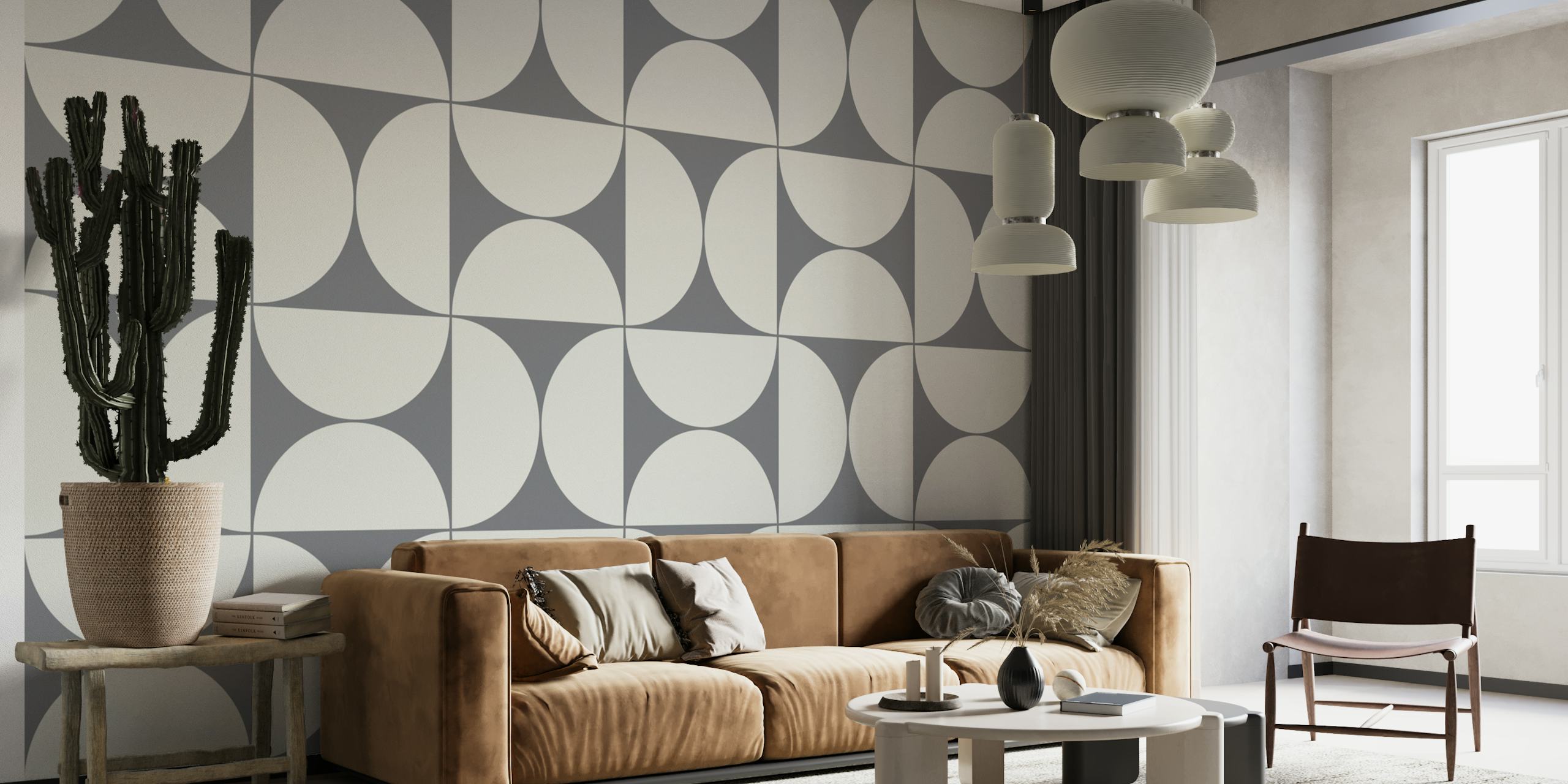 Gray and white geometric wallpaper with curved patterns