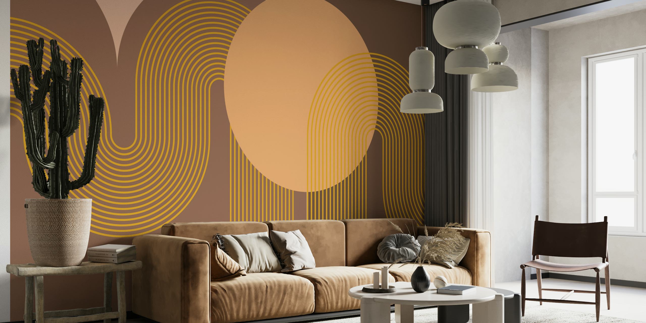 Curvy brown and orange lines with arch patterns wallpaper