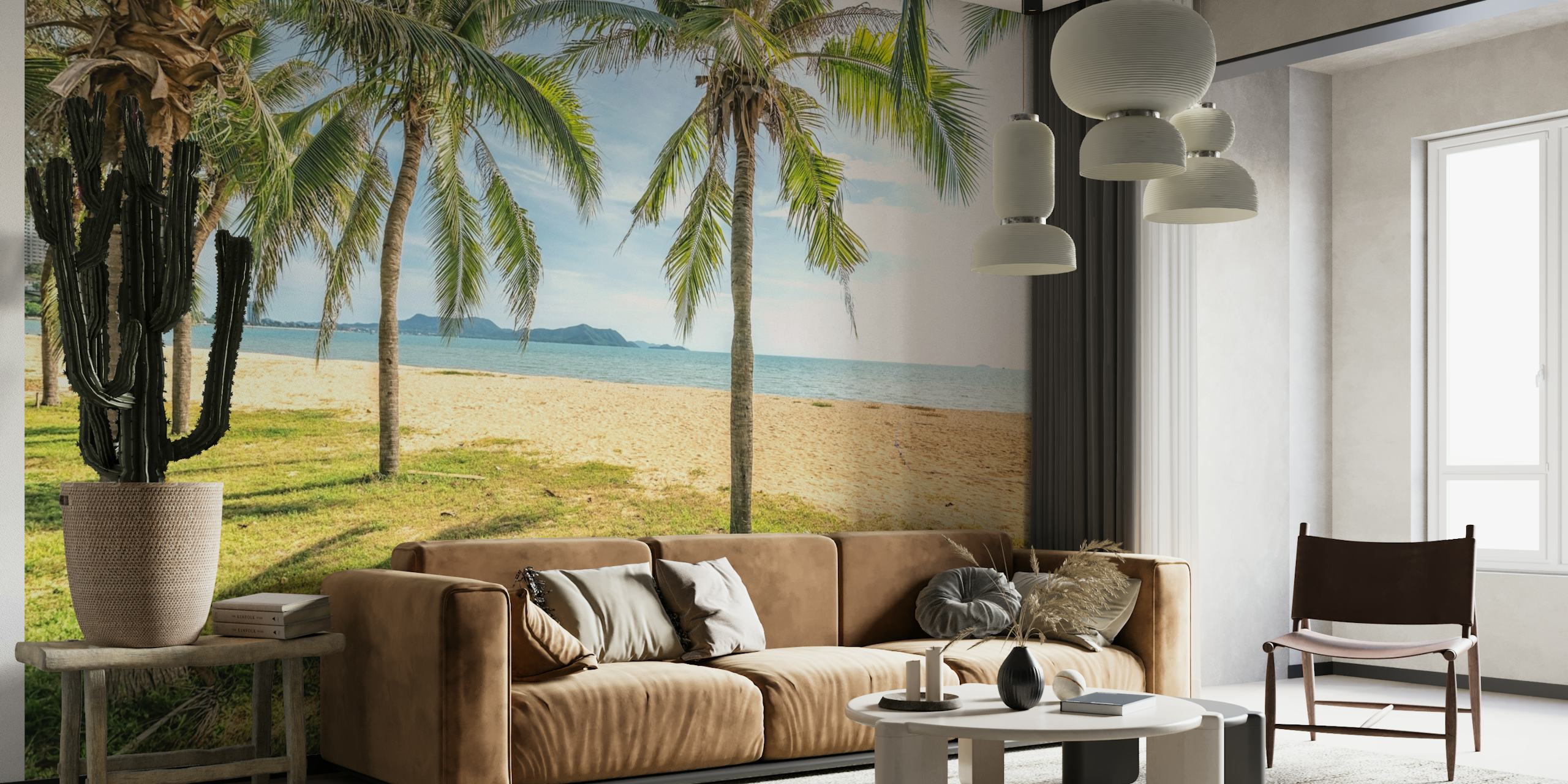 Tropical beach scene with palm trees and blue ocean wallpaper