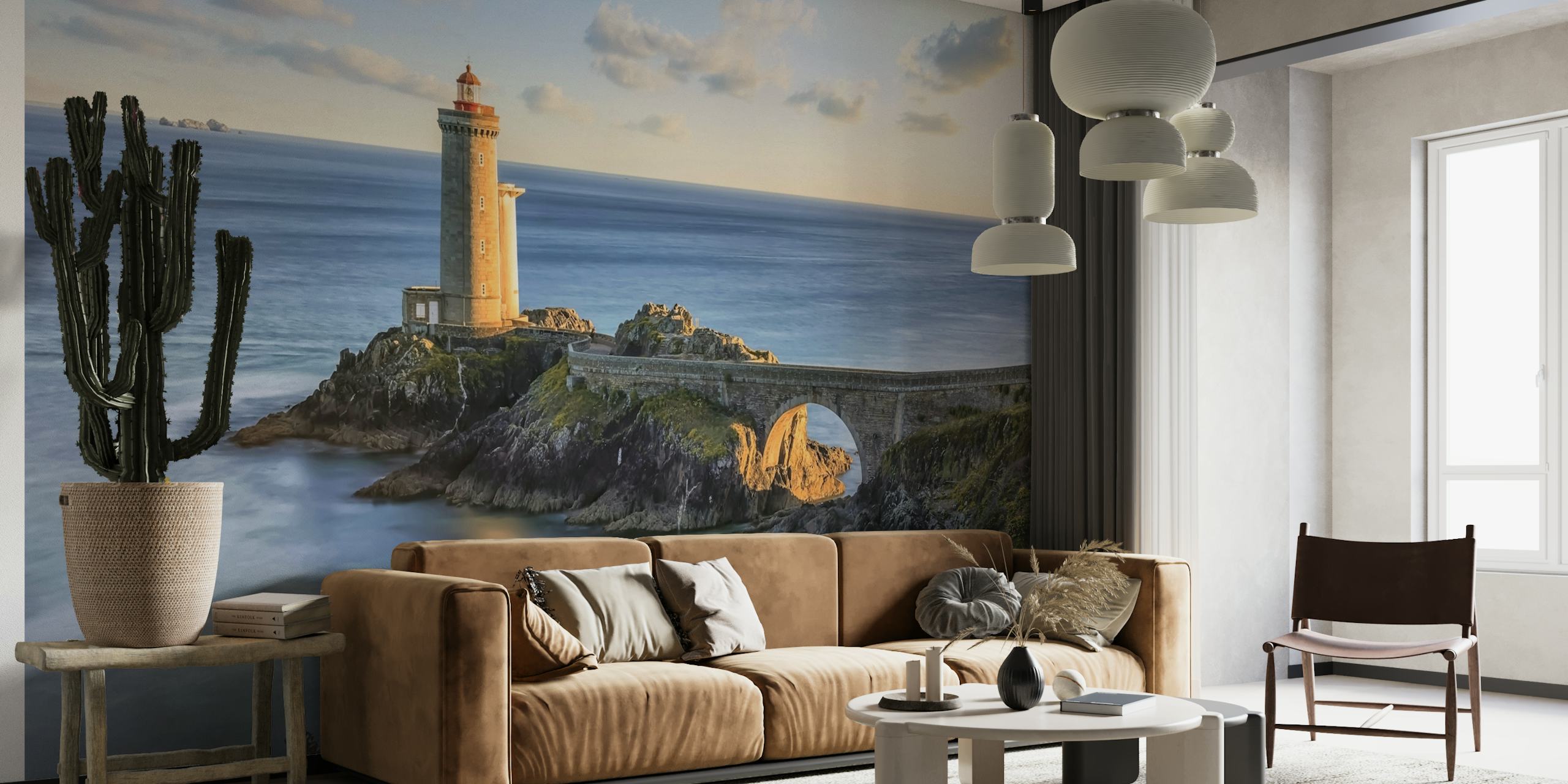 A lighthouse by the sea during sunset, featuring warm tones and calm water wallpaper