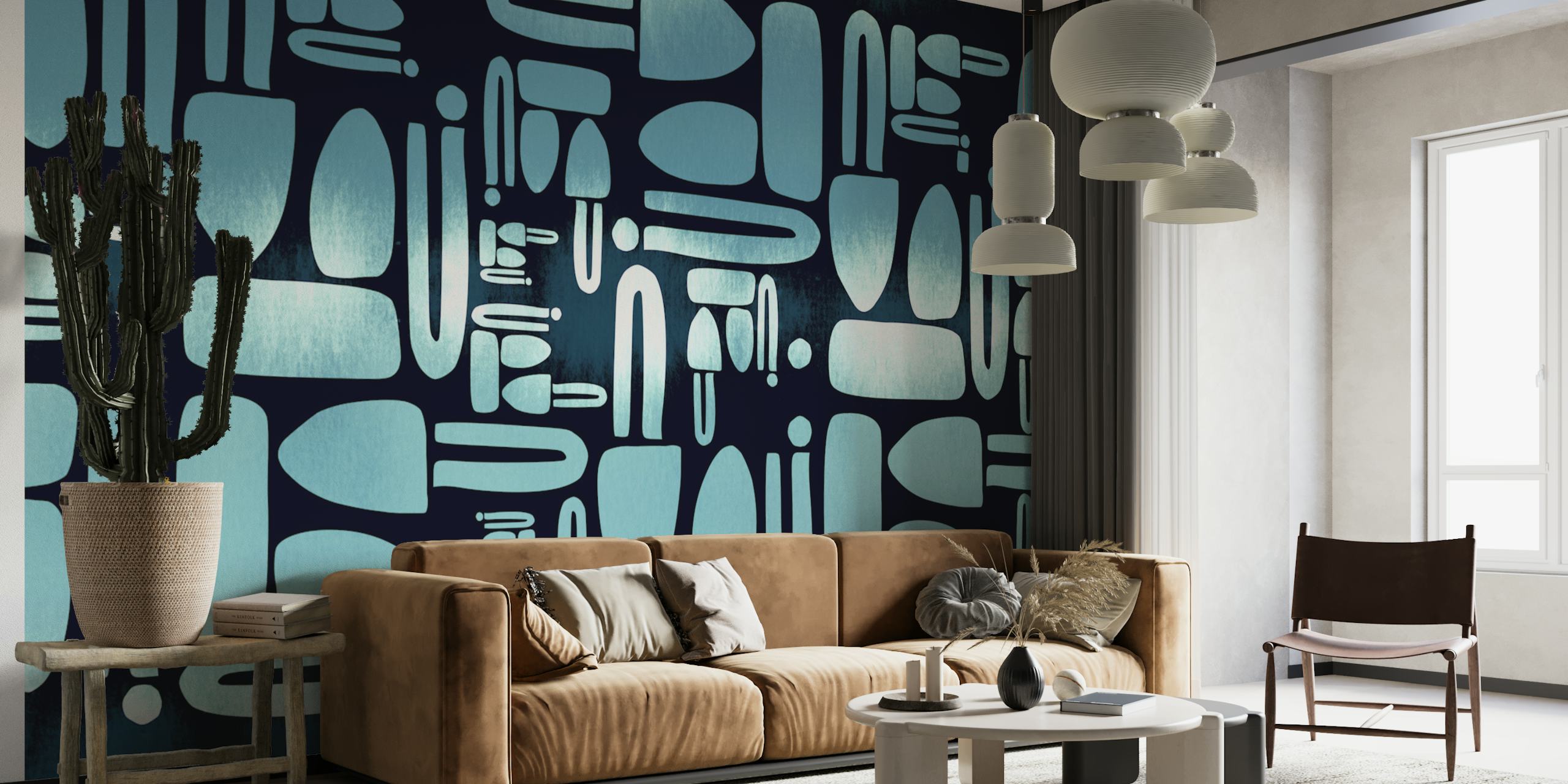 Mid-Century geometric aqua shapes on dark background wallpaper