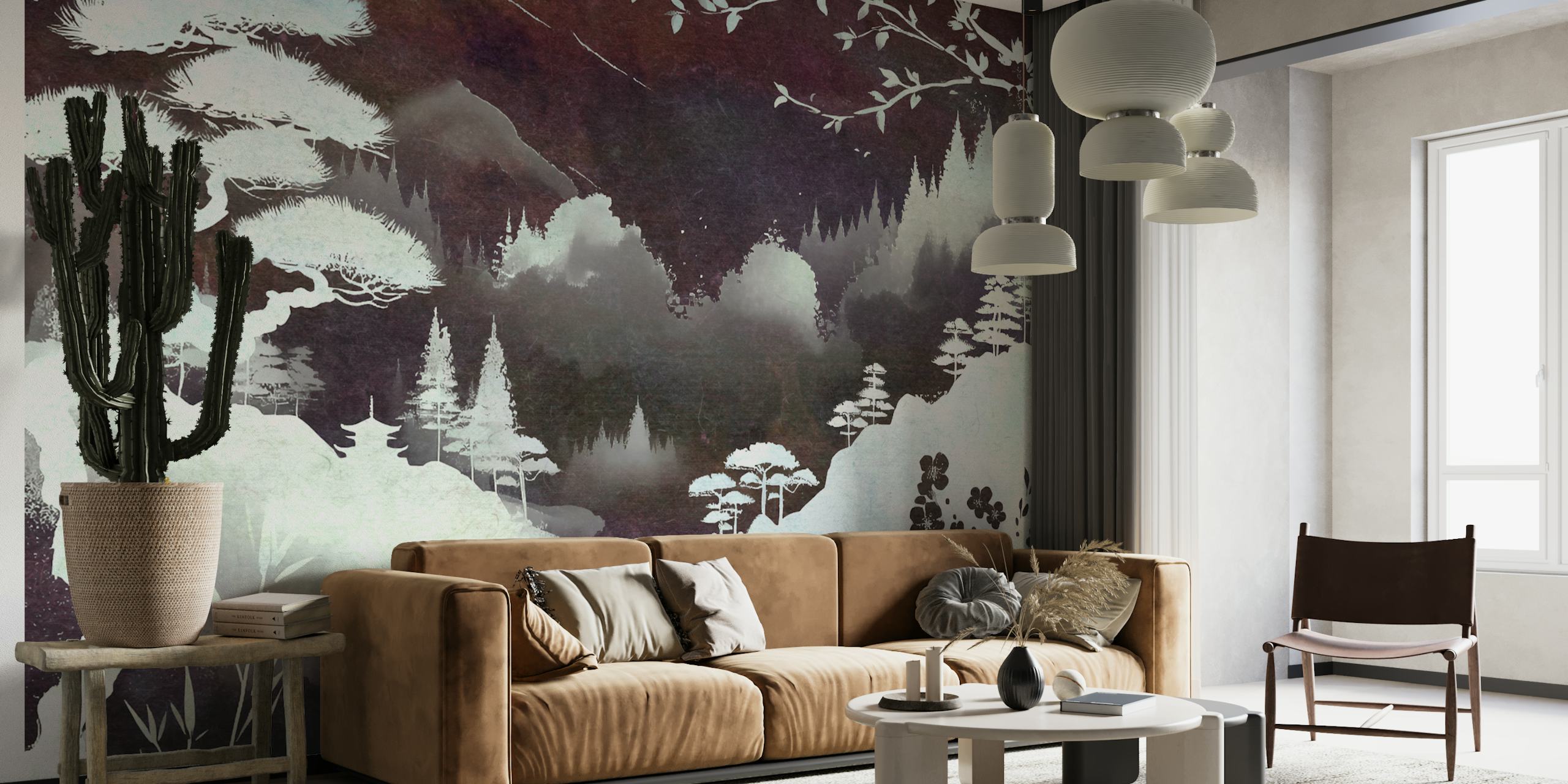 Misty Japandi Forest black and white wallpaper with trees and mountains