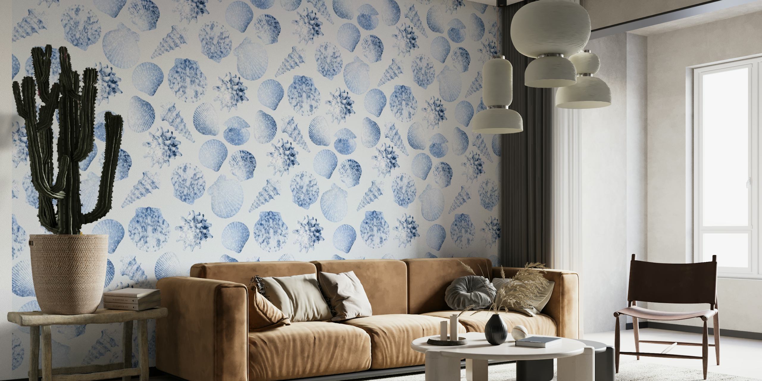 Vintage seashells in blue tones on white background wallpaper